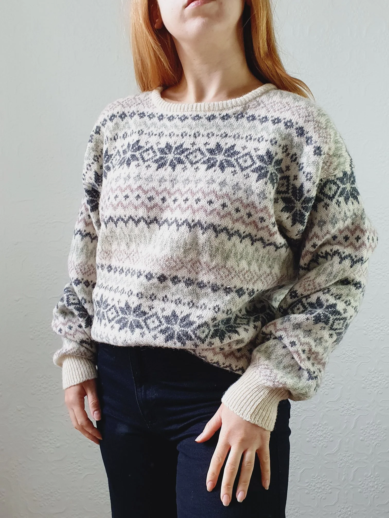 Vintage 90s Pure Shetland Wool Fairisle Crew Neck Jumper - M