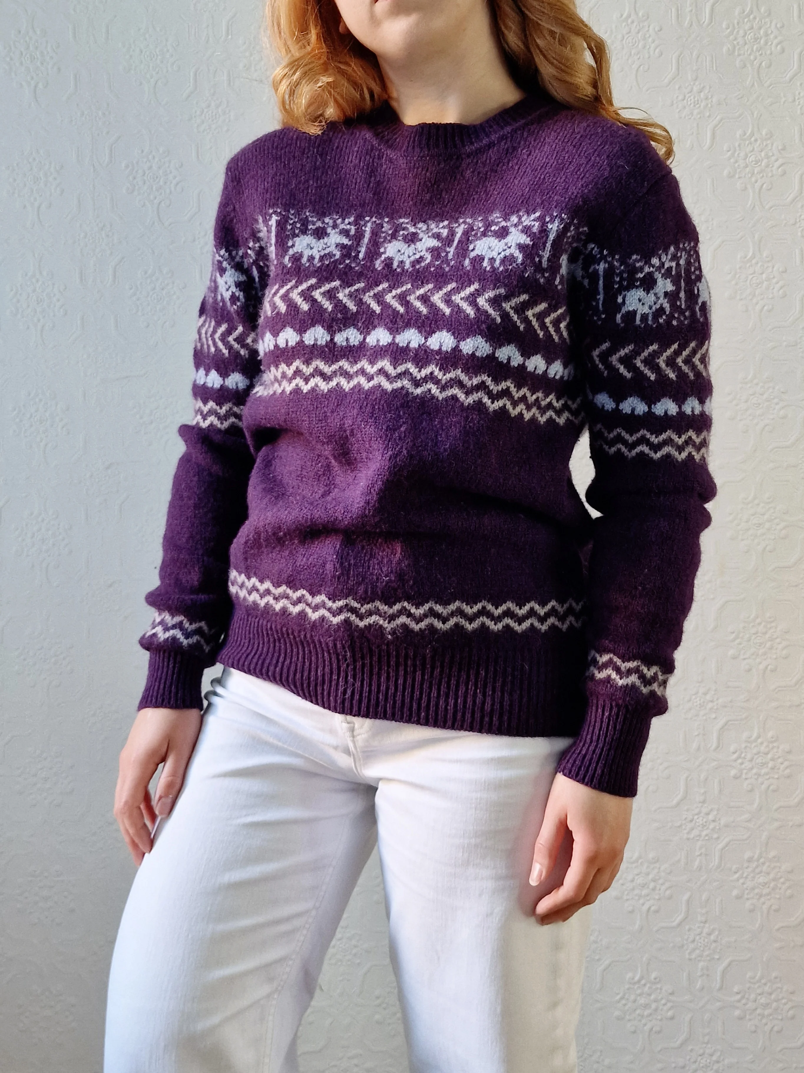 Vintage 90s Purple Crew Neck Norwegian Style Jumper - S - Image 2