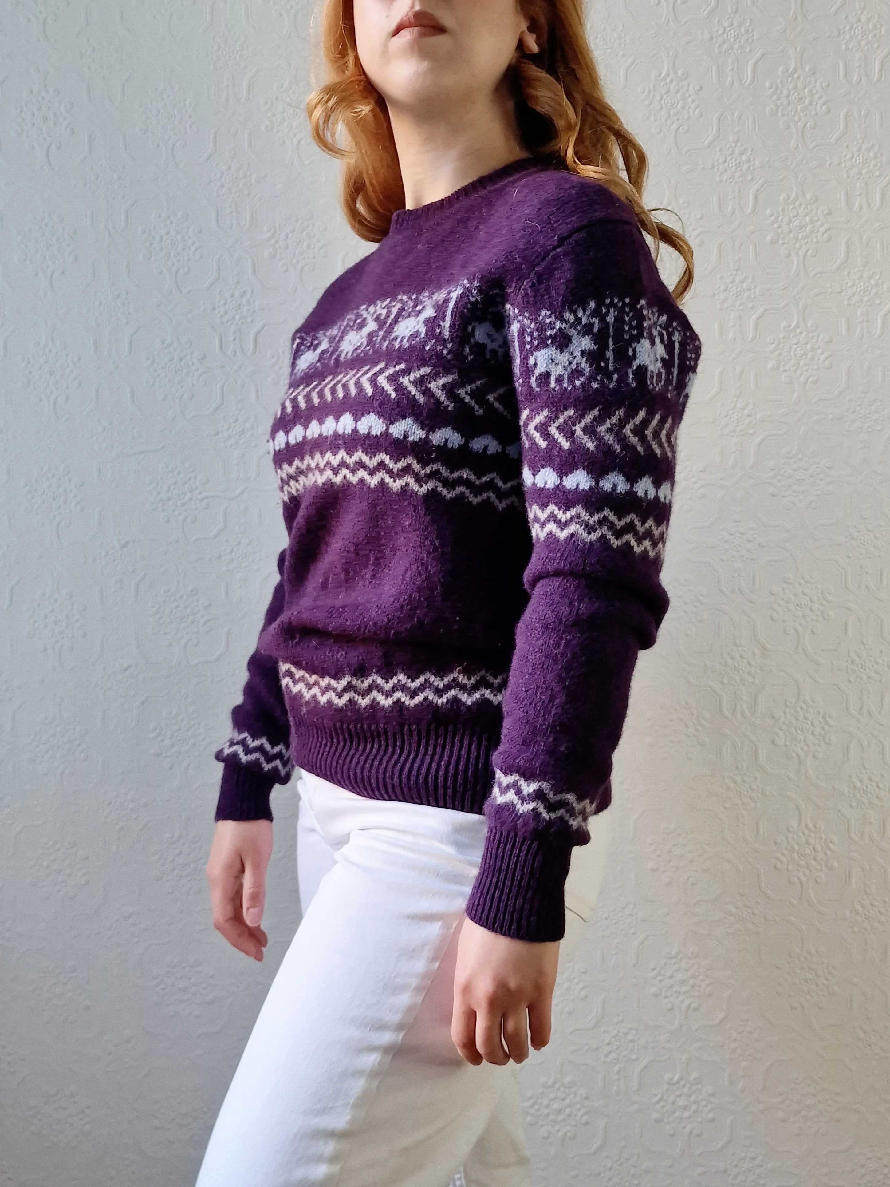 Vintage 90s Purple Crew Neck Norwegian Style Jumper - S - Image 3