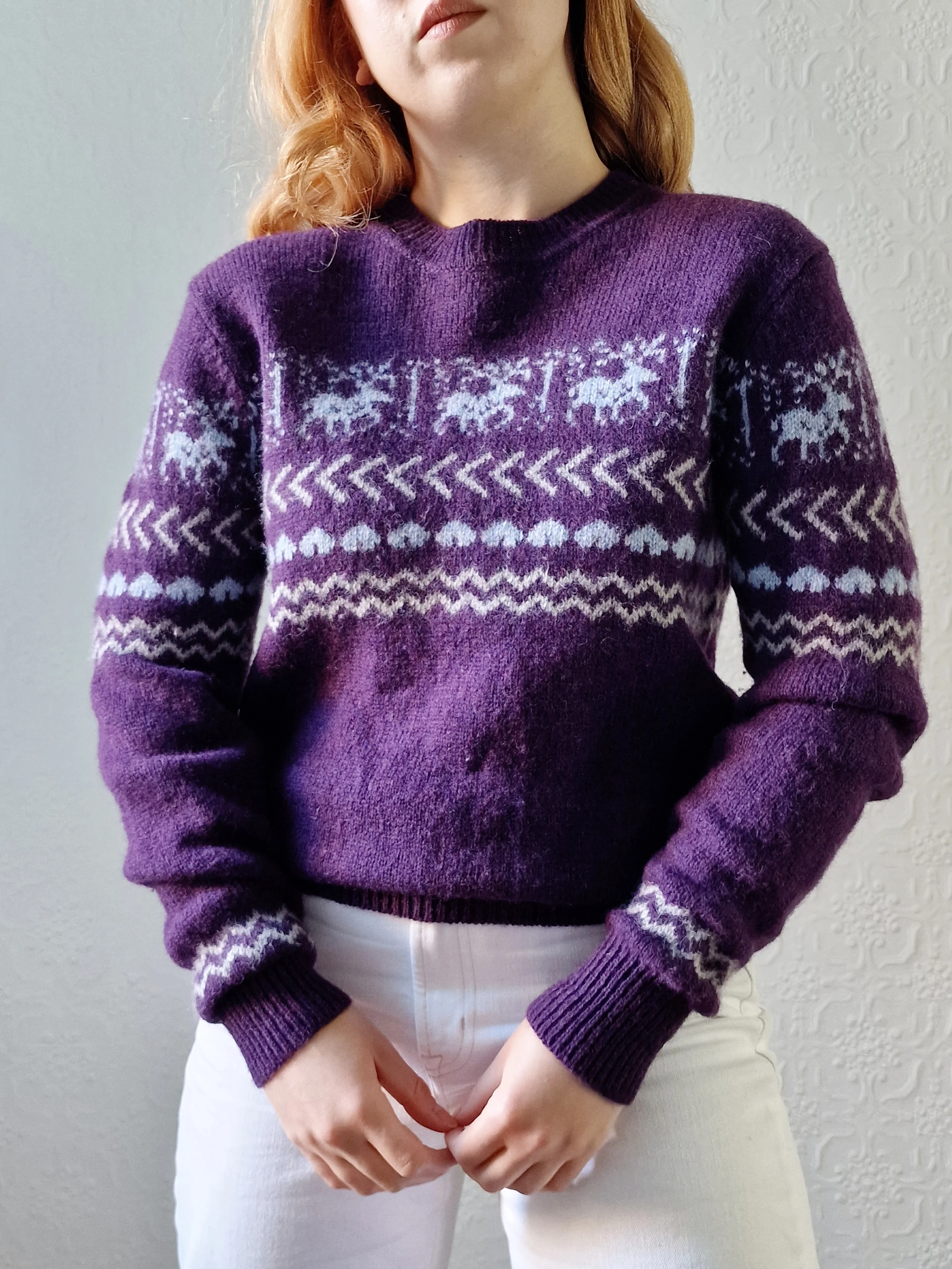 Vintage 90s Purple Crew Neck Norwegian Style Jumper - S - Image 5