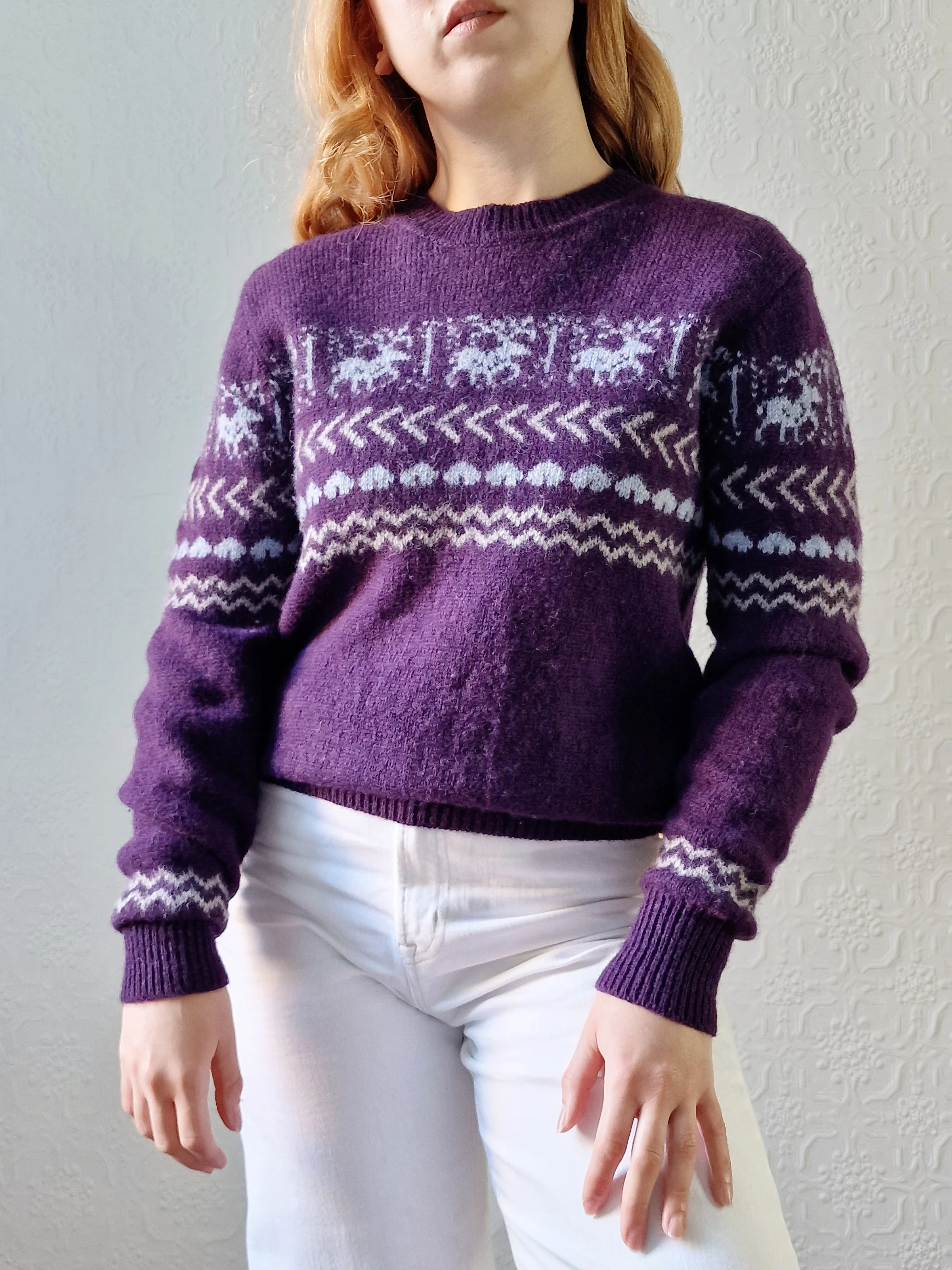 Vintage 90s Purple Crew Neck Norwegian Style Jumper - S - Image 6