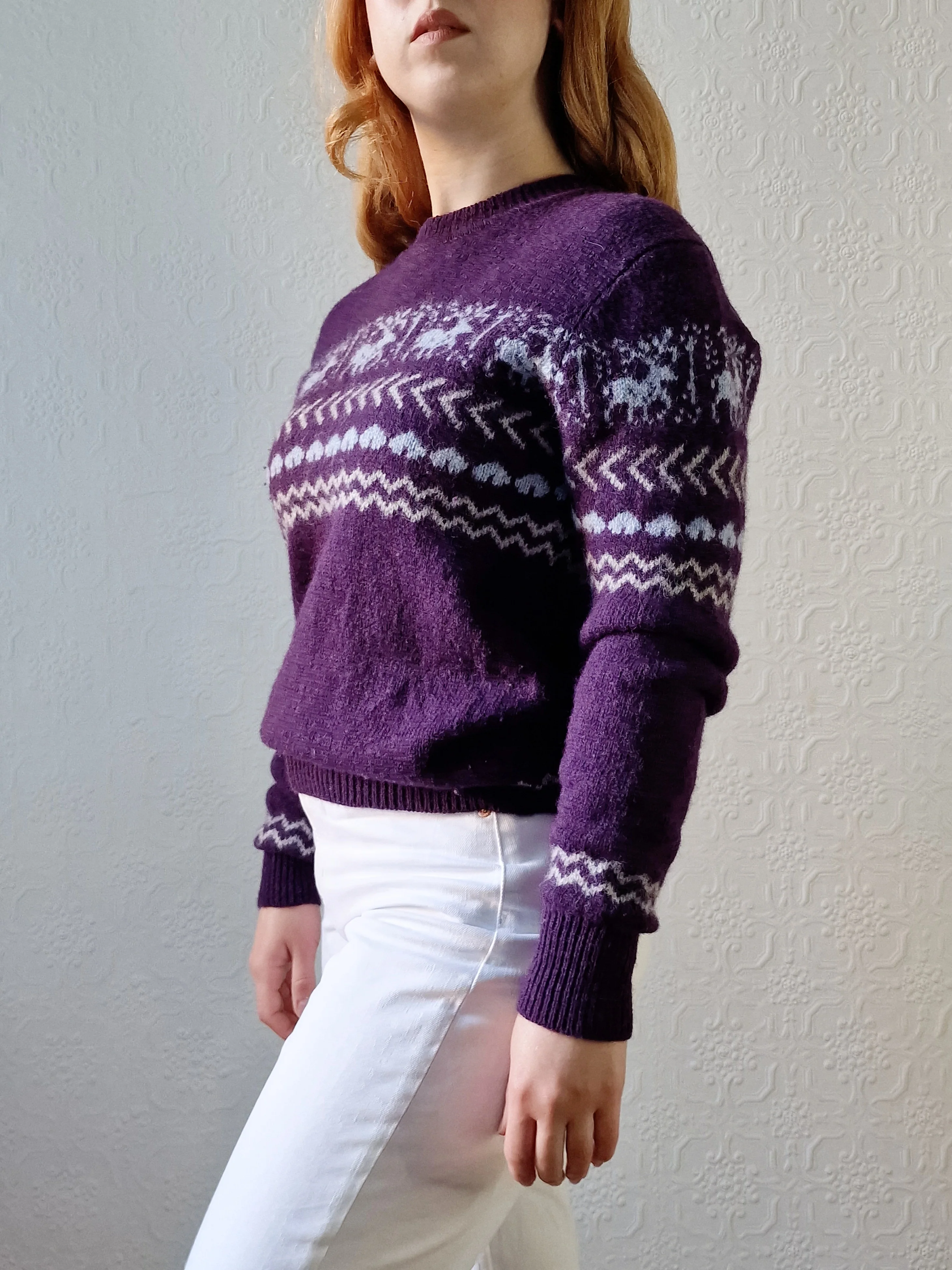 Vintage 90s Purple Crew Neck Norwegian Style Jumper - S - Image 7