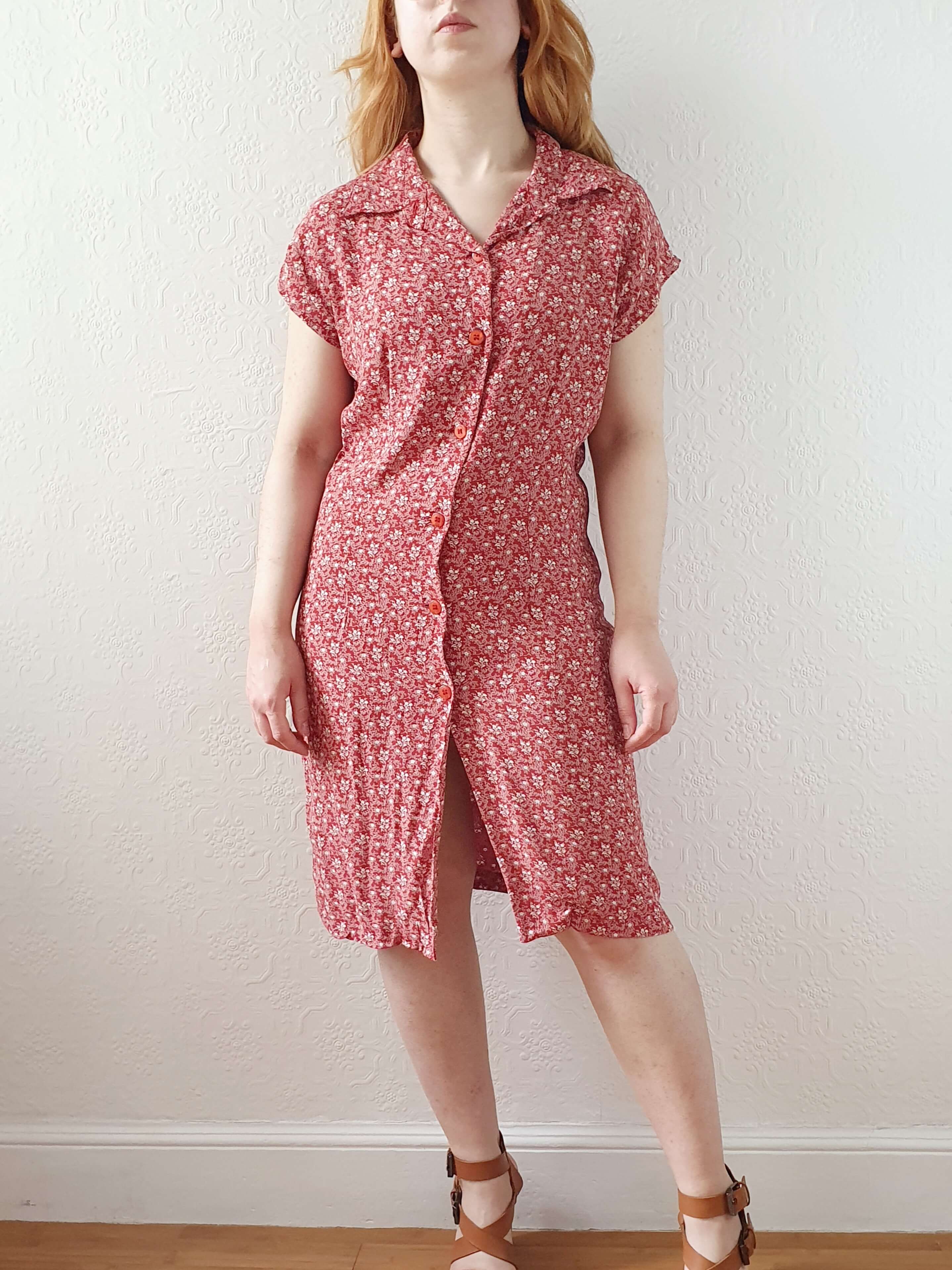 Vintage 90s Red Ditsy Floral Sleeveless Dress -M