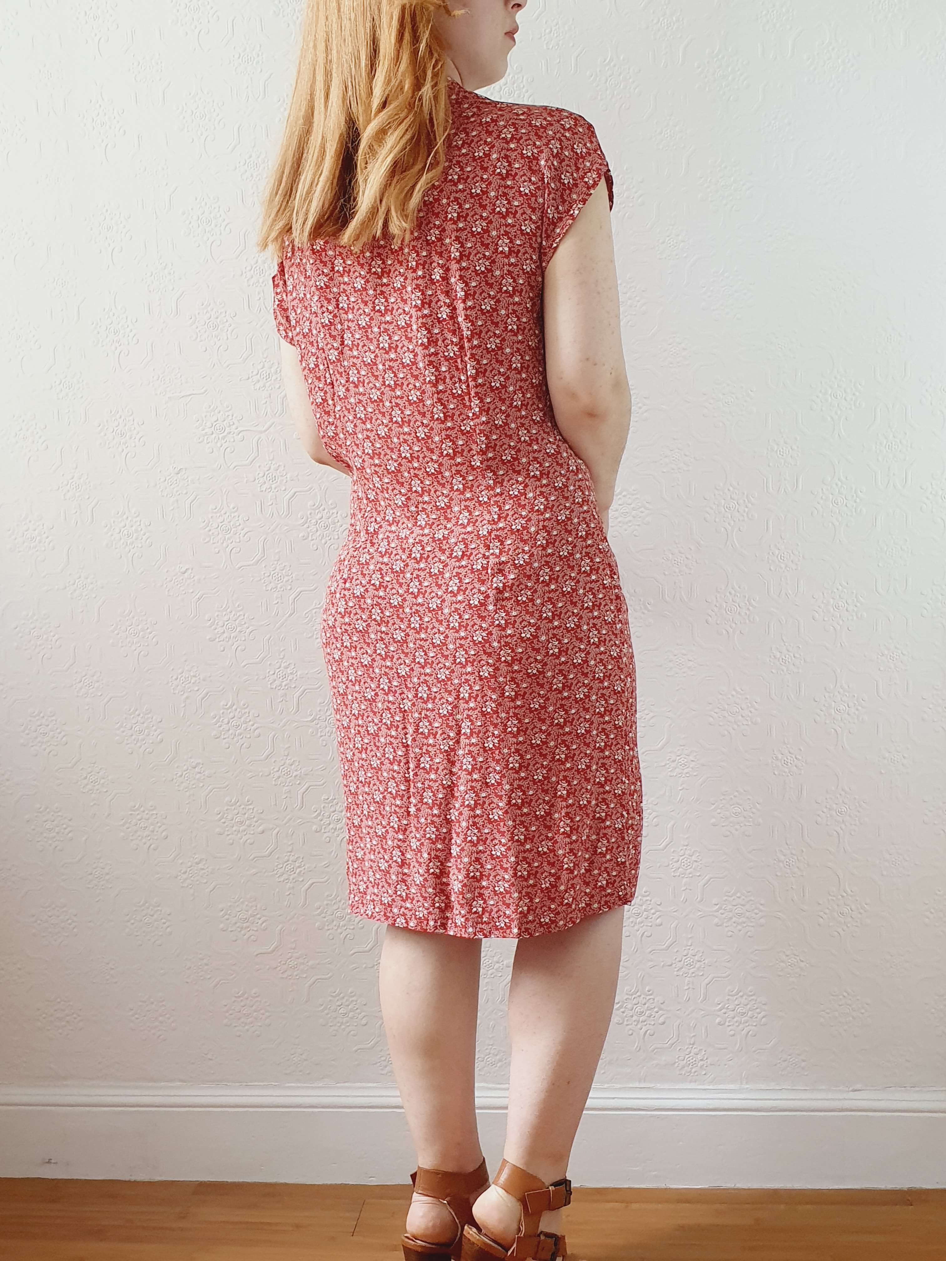 Vintage 90s Red Ditsy Floral Sleeveless Dress -M - Image 10