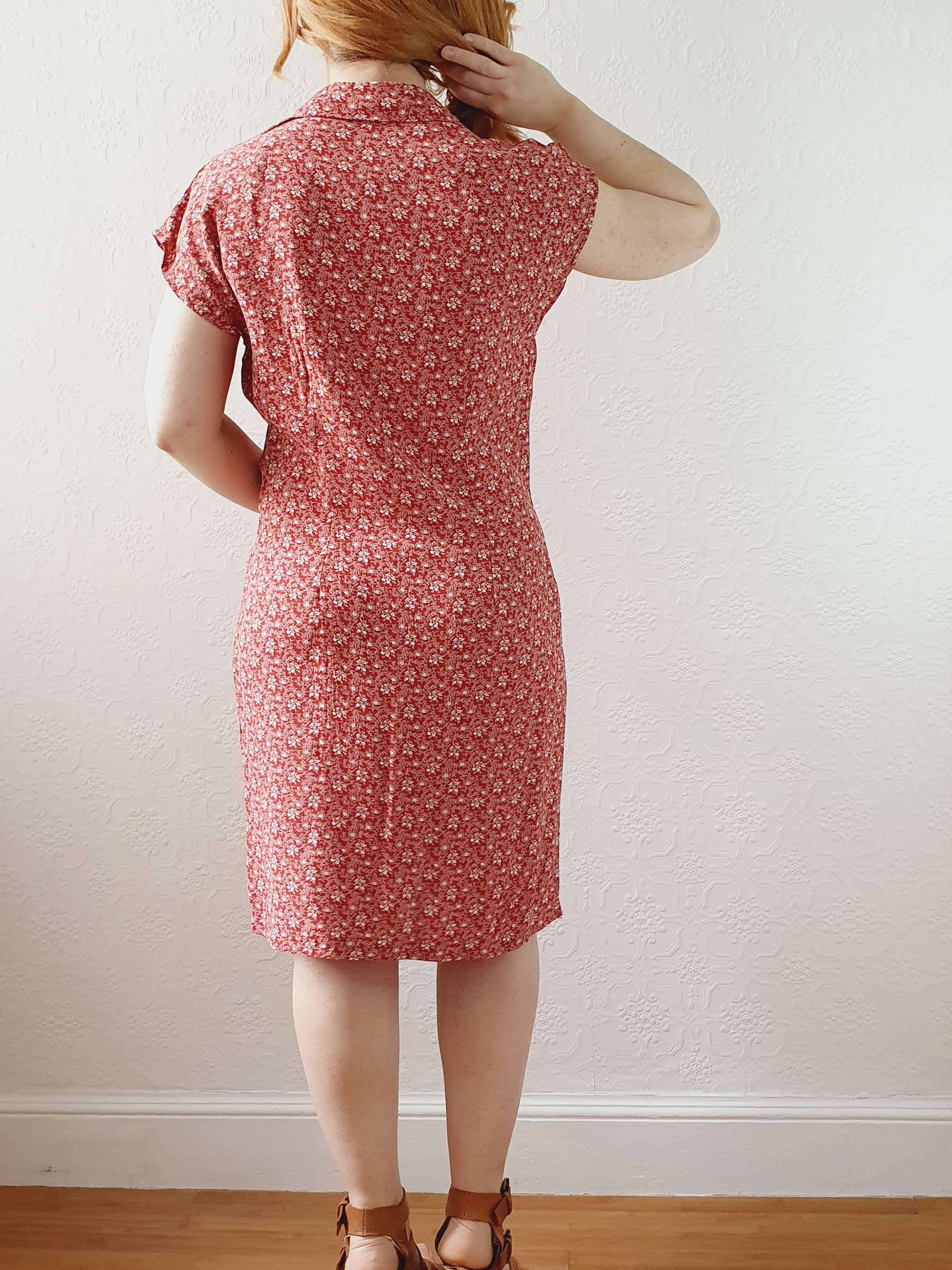 Vintage 90s Red Ditsy Floral Sleeveless Dress -M - Image 11