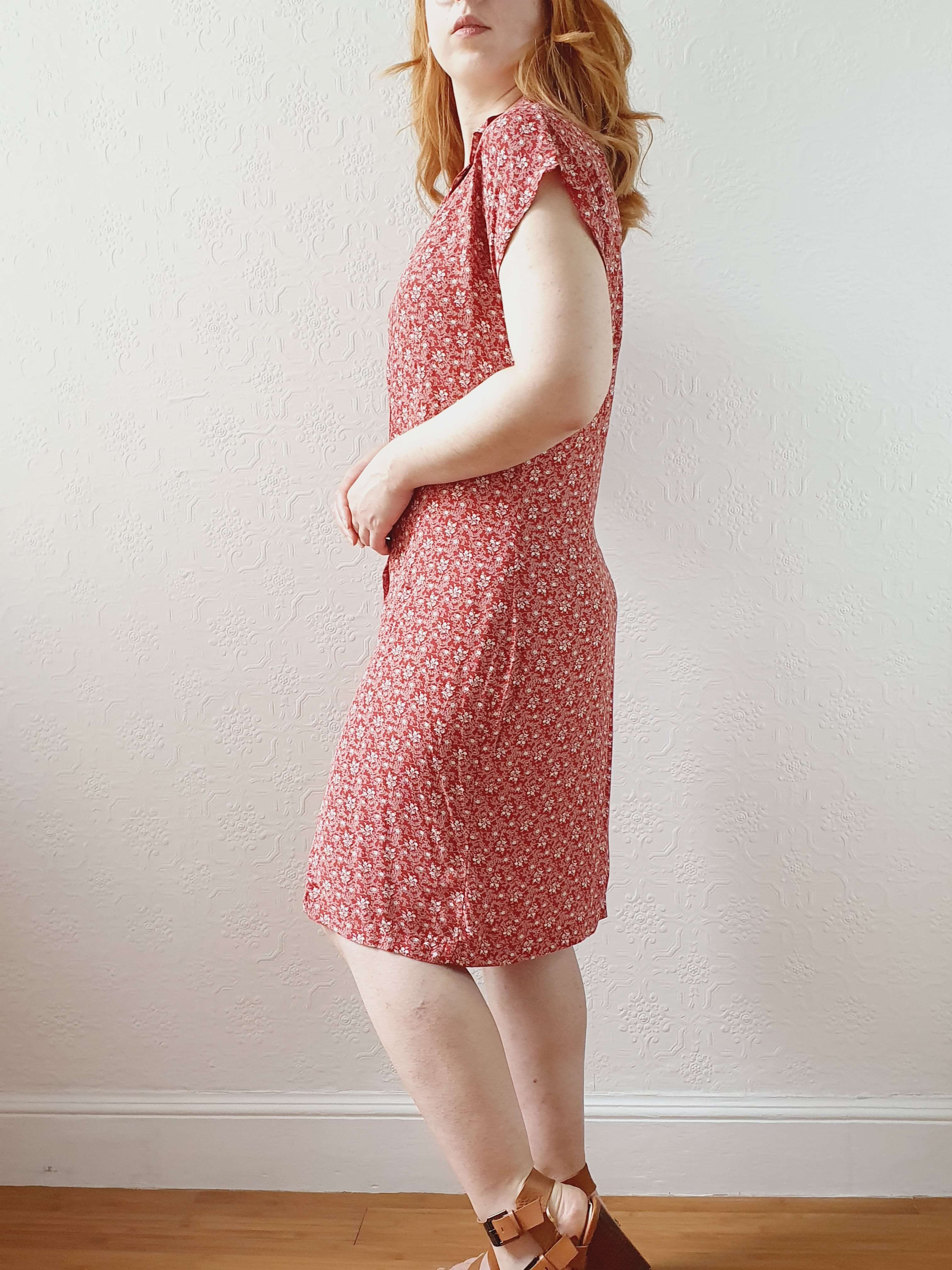 Vintage 90s Red Ditsy Floral Sleeveless Dress -M - Image 3