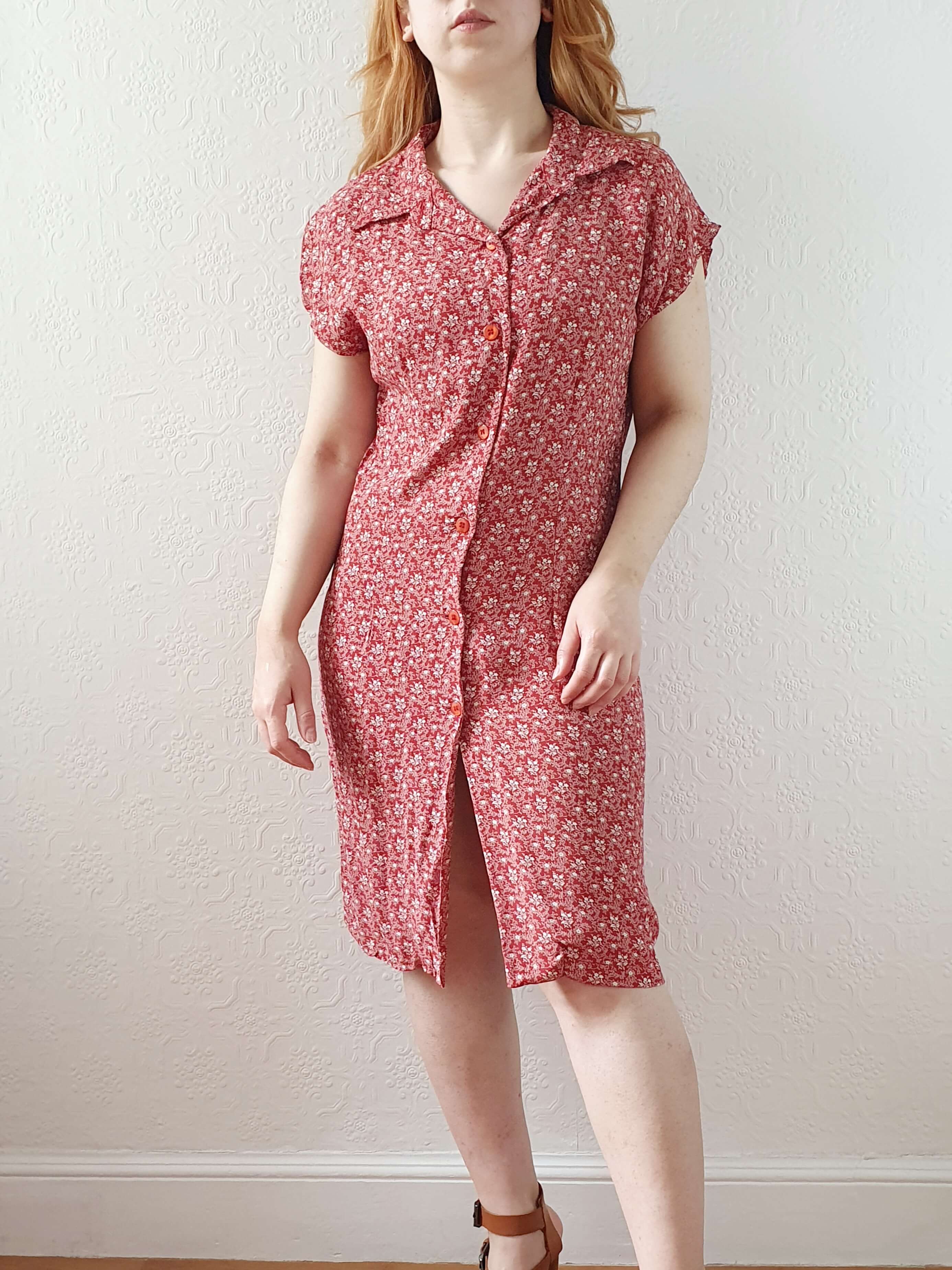 Vintage 90s Red Ditsy Floral Sleeveless Dress -M - Image 4