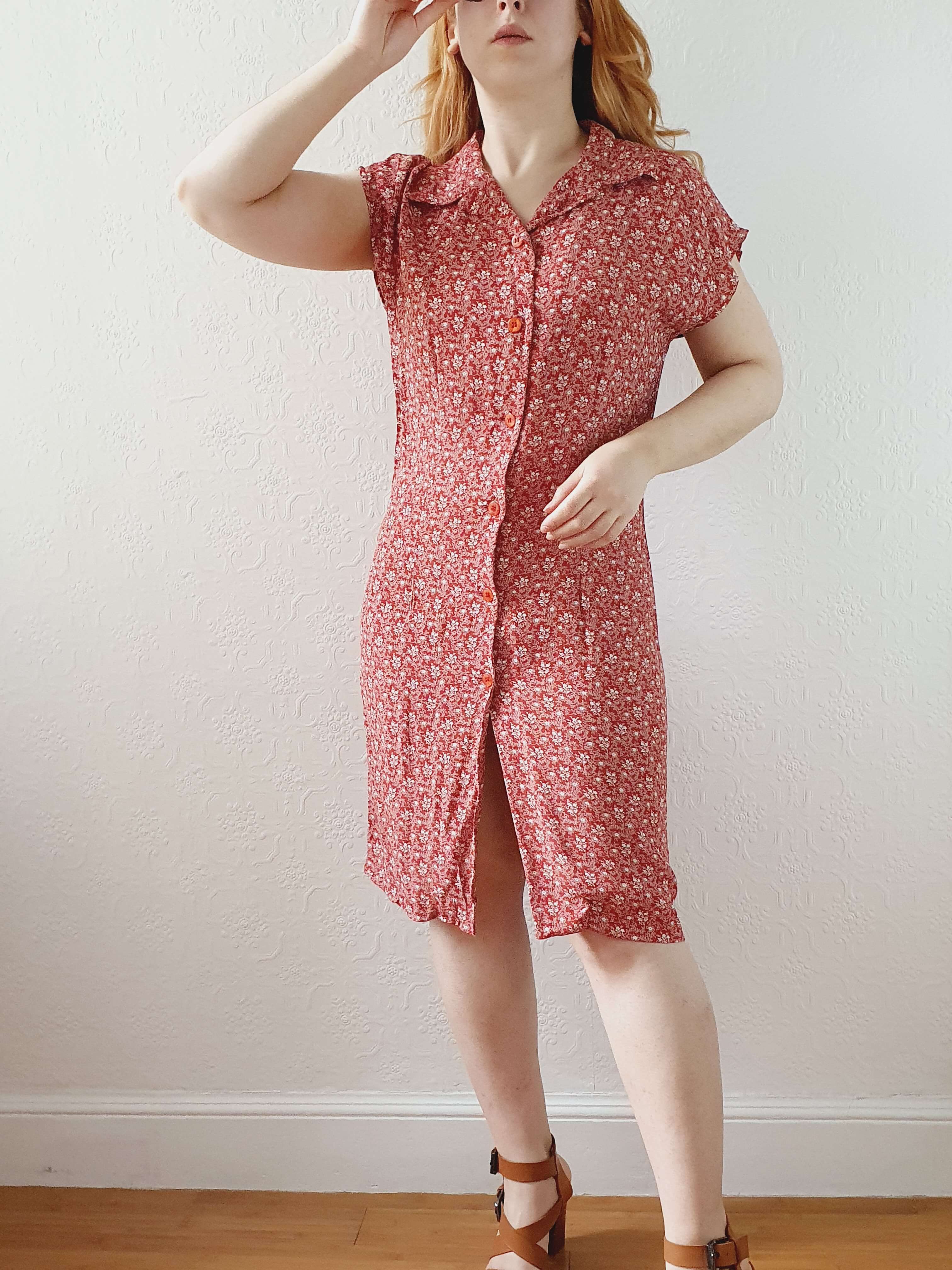 Vintage 90s Red Ditsy Floral Sleeveless Dress -M - Image 5