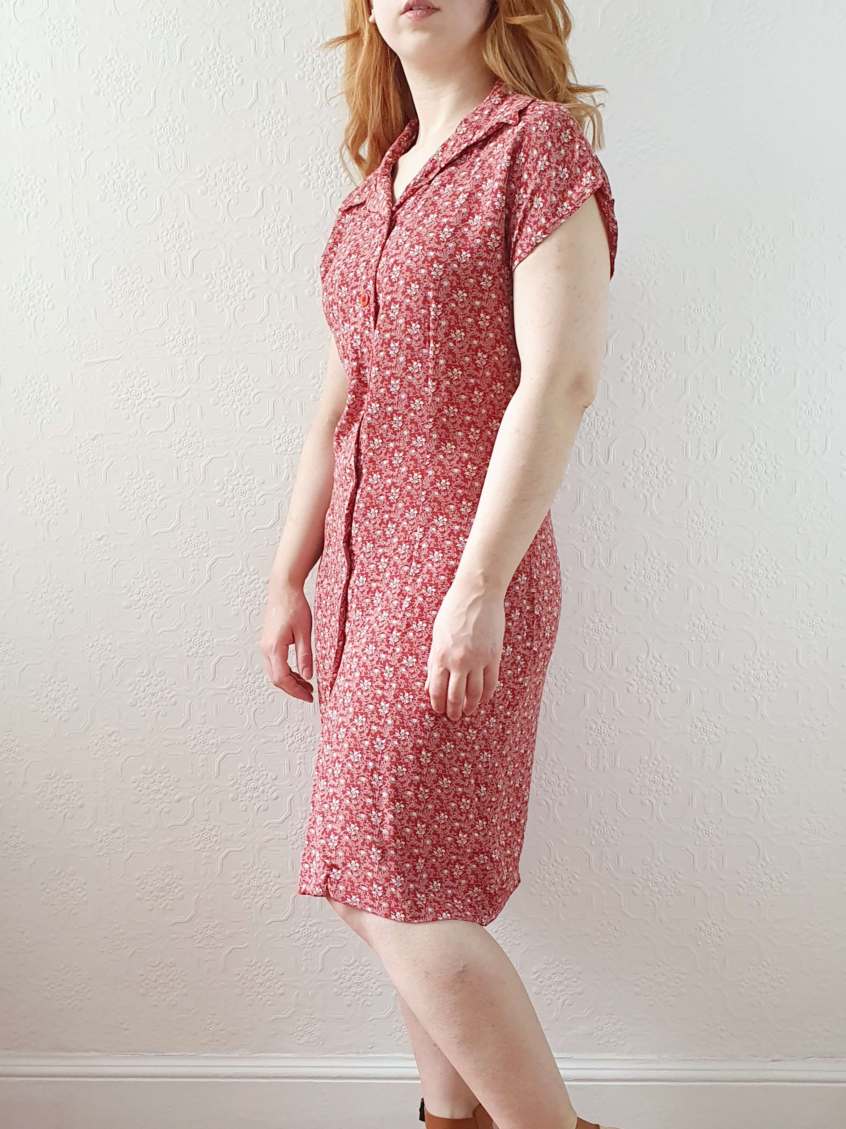 Vintage 90s Red Ditsy Floral Sleeveless Dress -M - Image 6