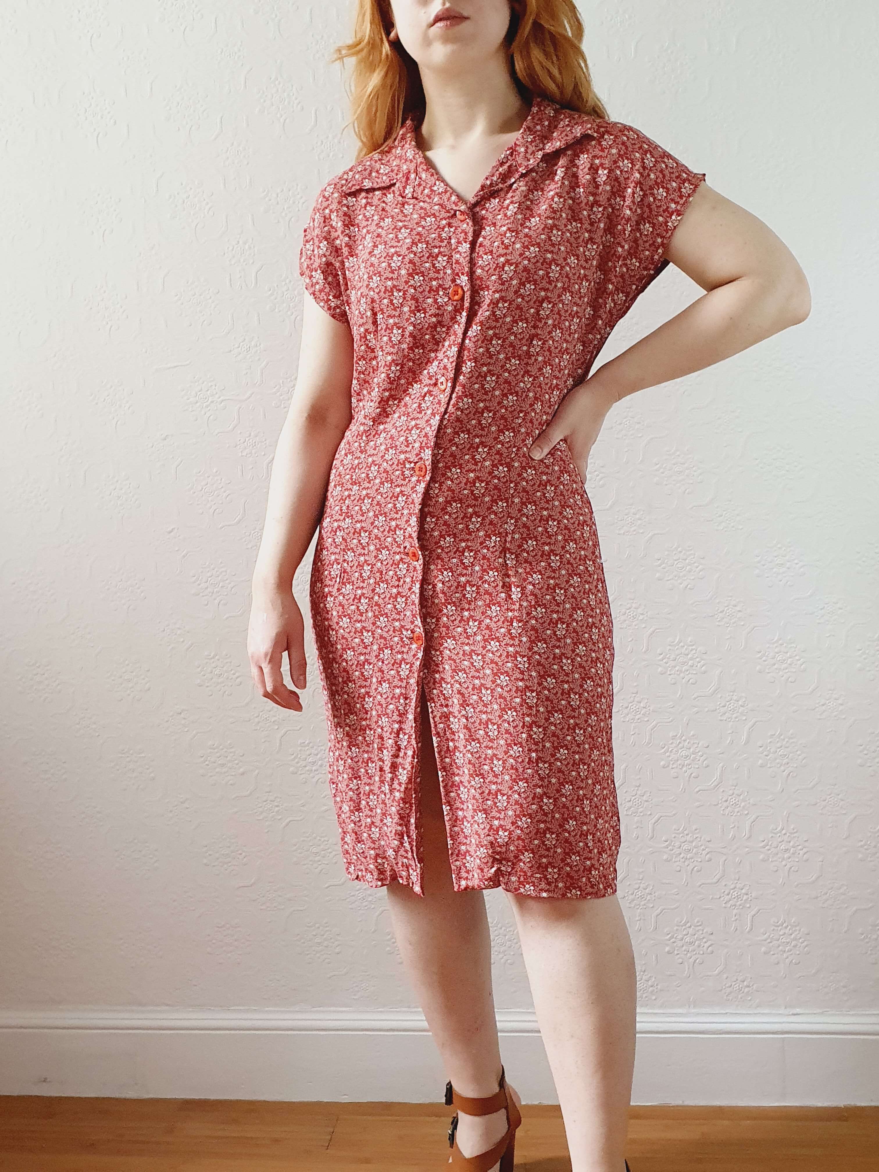 Vintage 90s Red Ditsy Floral Sleeveless Dress -M - Image 7