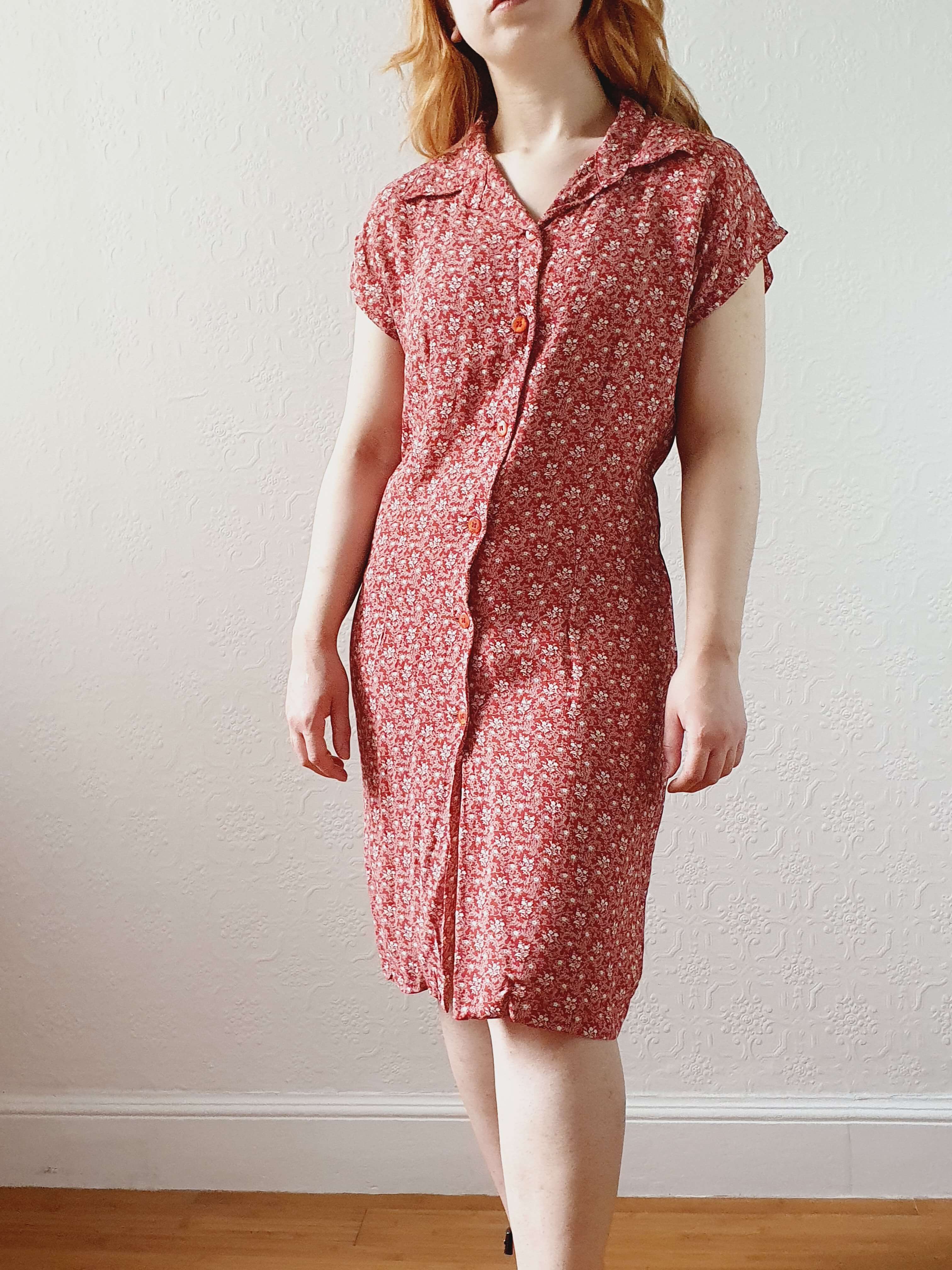 Vintage 90s Red Ditsy Floral Sleeveless Dress -M - Image 9