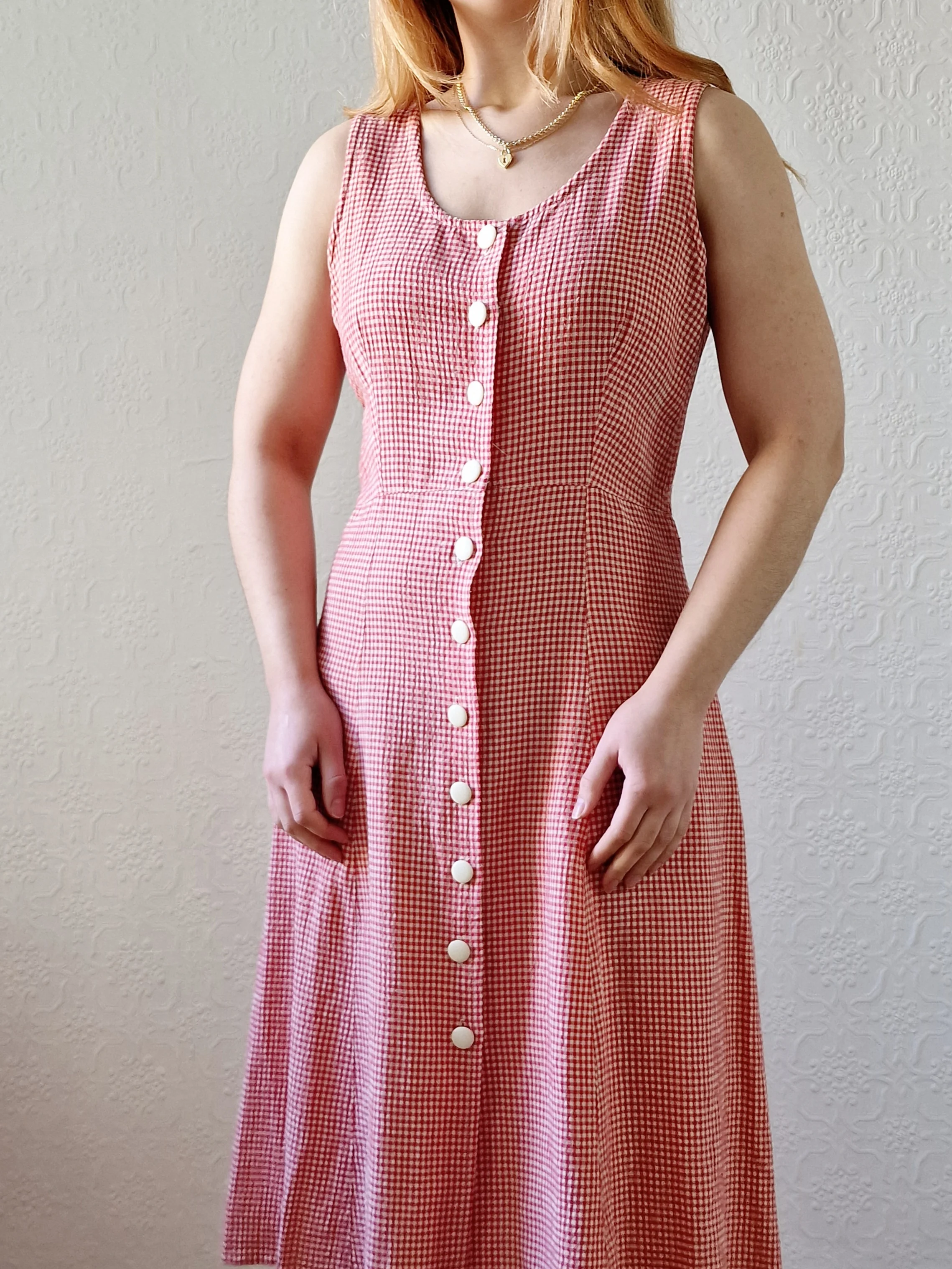 Vintage 90s Red Gingham Sleeveless Midi Dress - S/M - Image 2