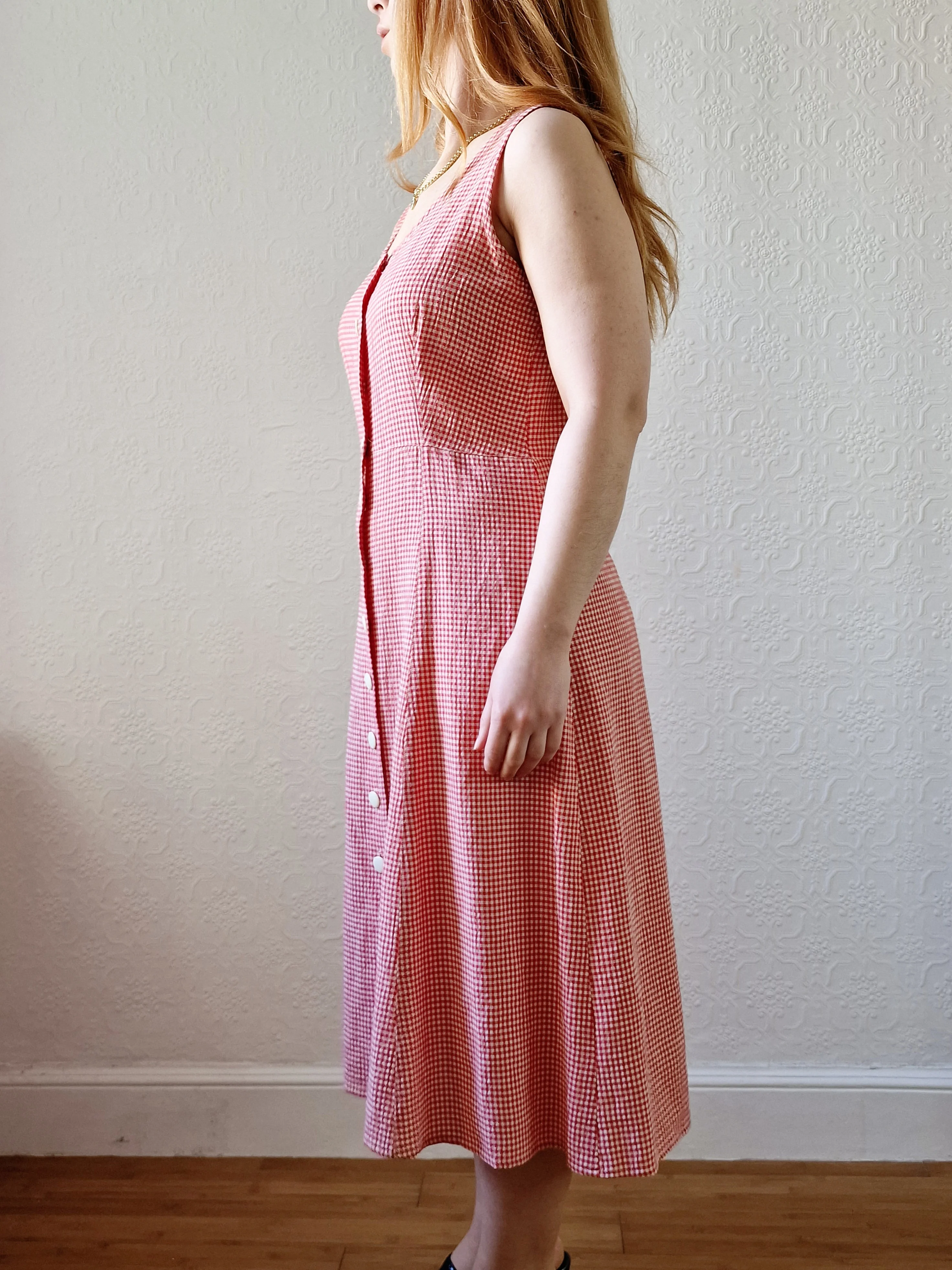 Vintage 90s Red Gingham Sleeveless Midi Dress - S/M - Image 3