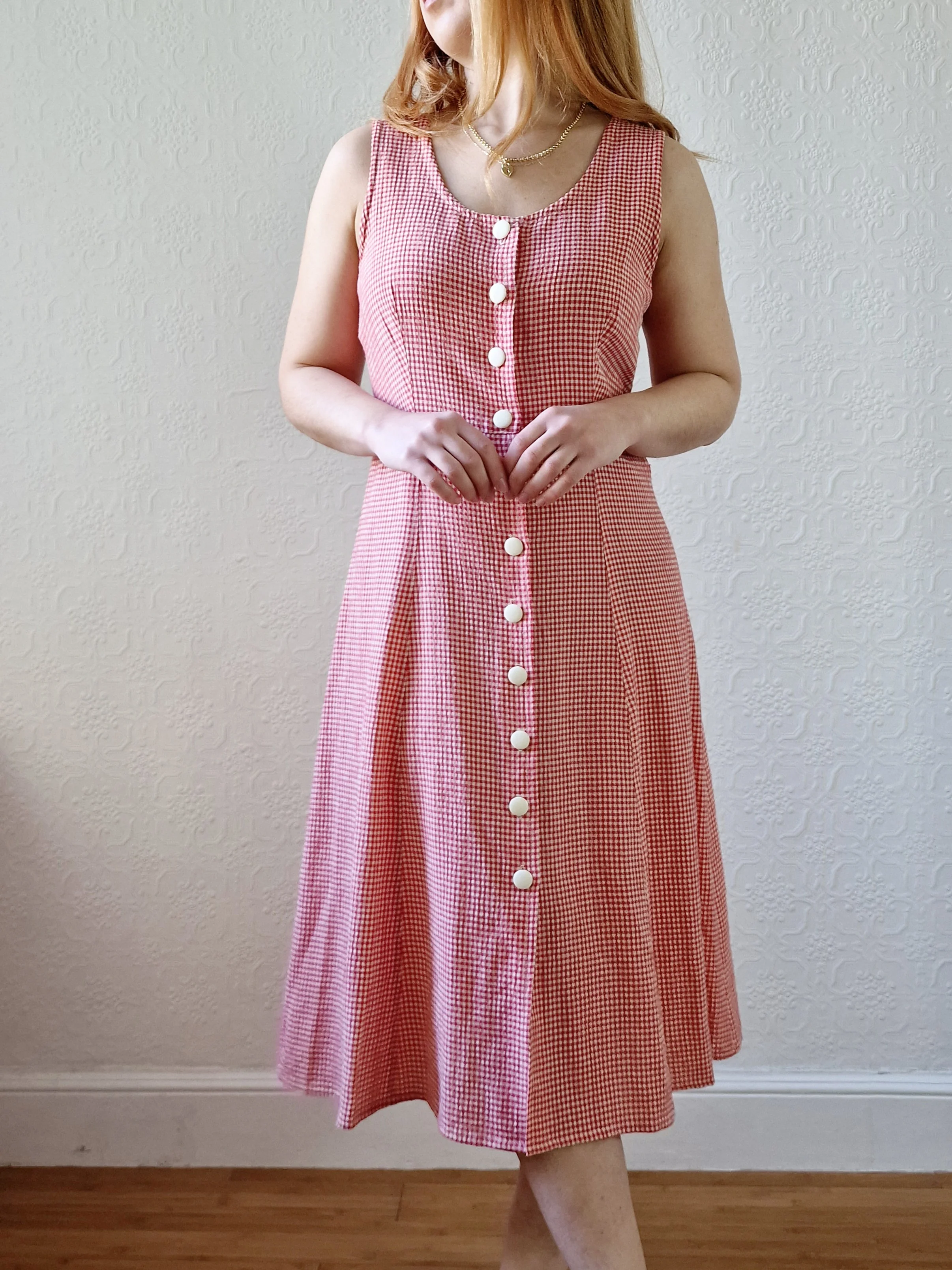 Vintage 90s Red Gingham Sleeveless Midi Dress - S/M - Image 4