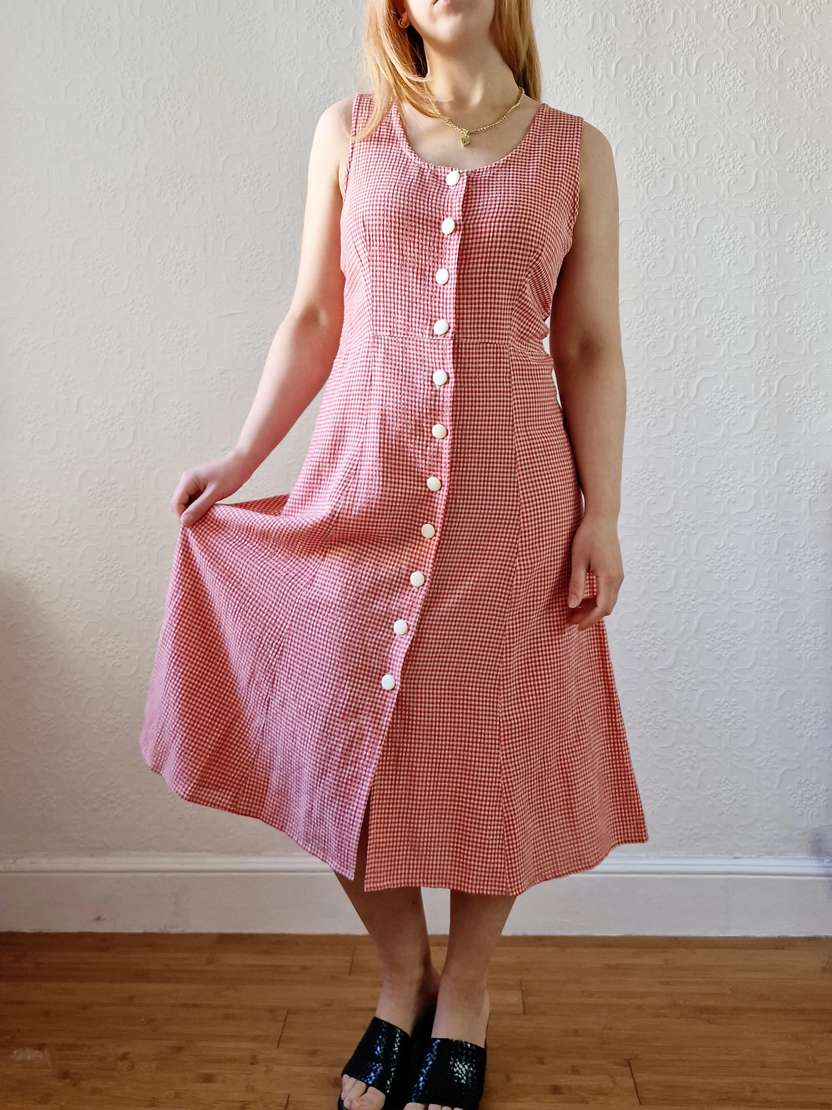 Vintage 90s Red Gingham Sleeveless Midi Dress - S/M - Image 6