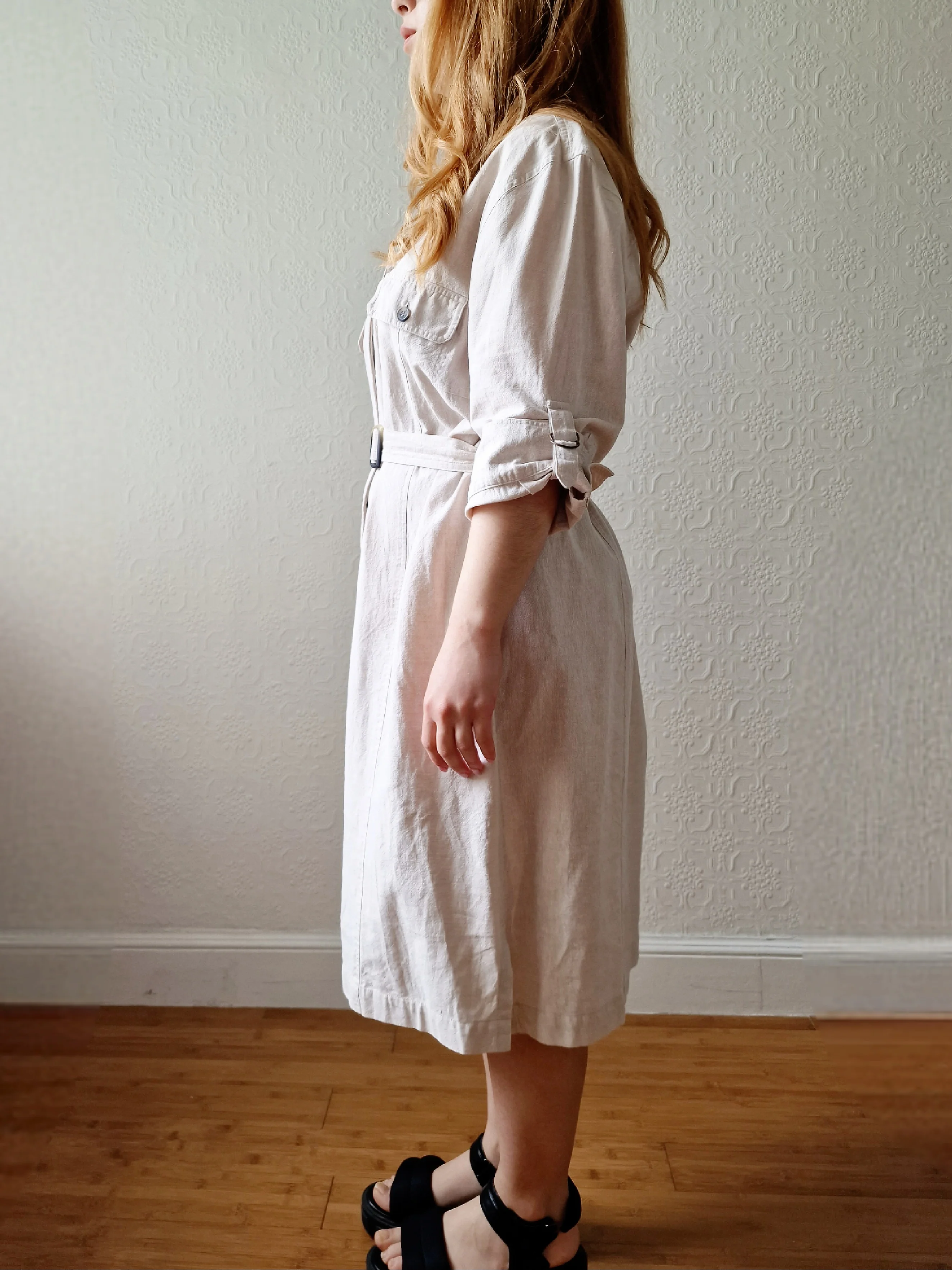 Vintage 90s Safari Style Beige Midi Shirt Dress with Belt - XL - Image 3