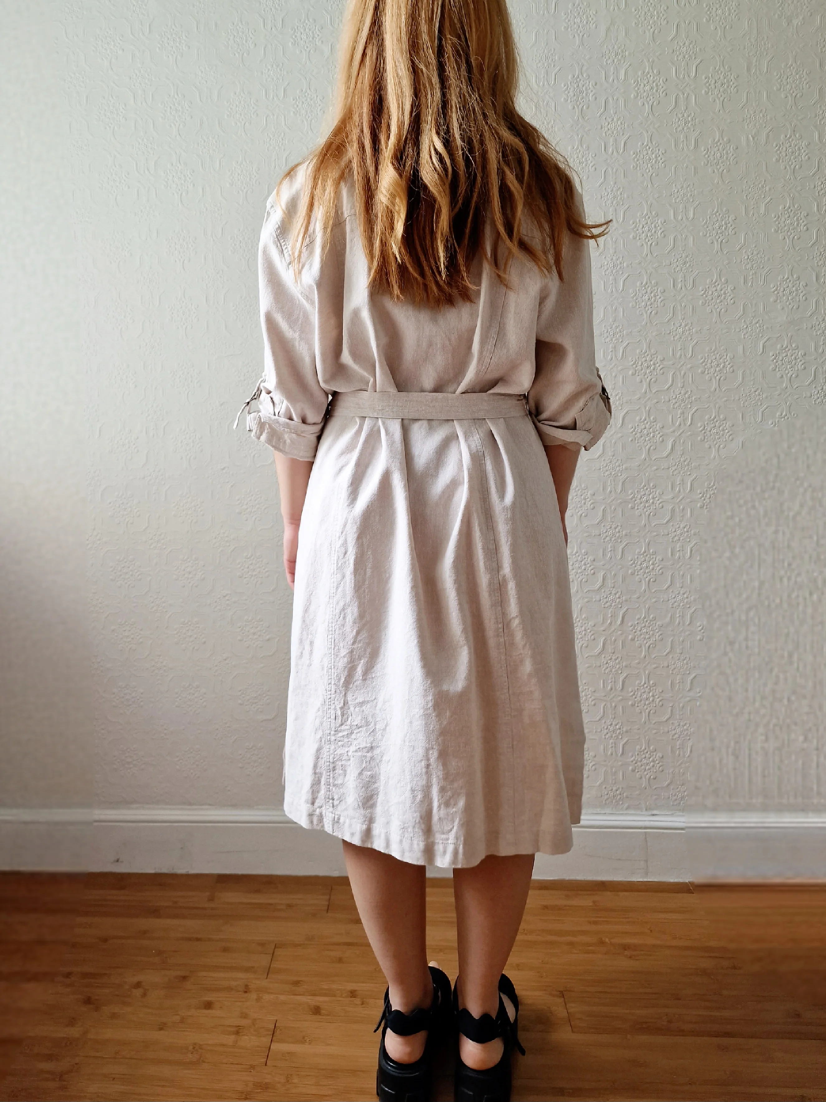 Vintage 90s Safari Style Beige Midi Shirt Dress with Belt - XL - Image 4