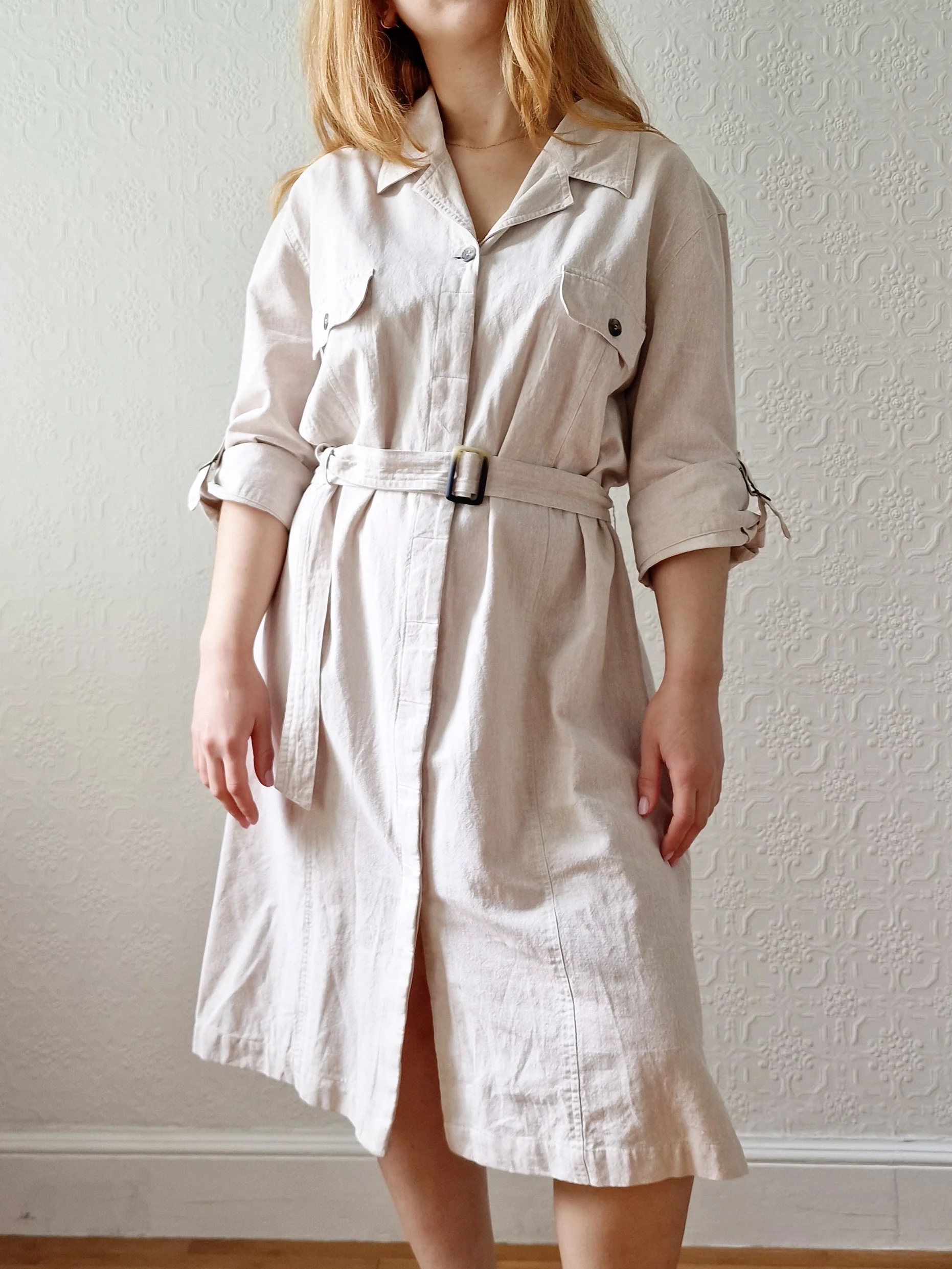 Vintage 90s Safari Style Beige Midi Shirt Dress with Belt - XL - Image 5