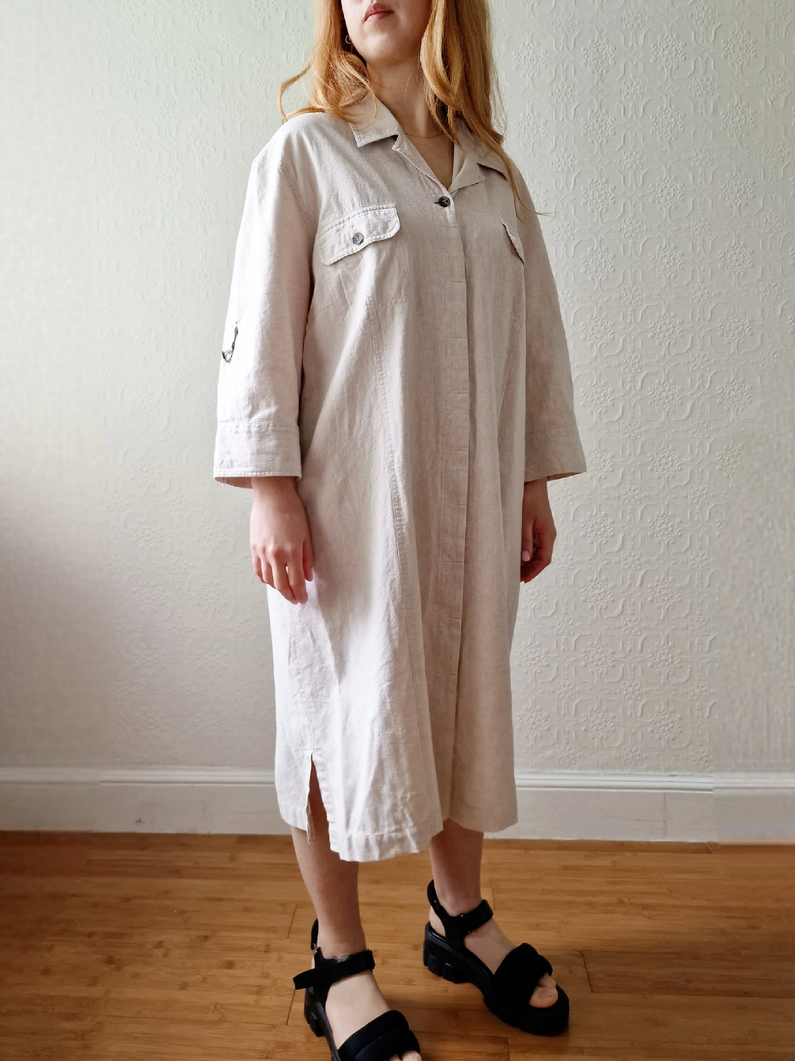 Vintage 90s Safari Style Beige Midi Shirt Dress with Belt - XL - Image 6