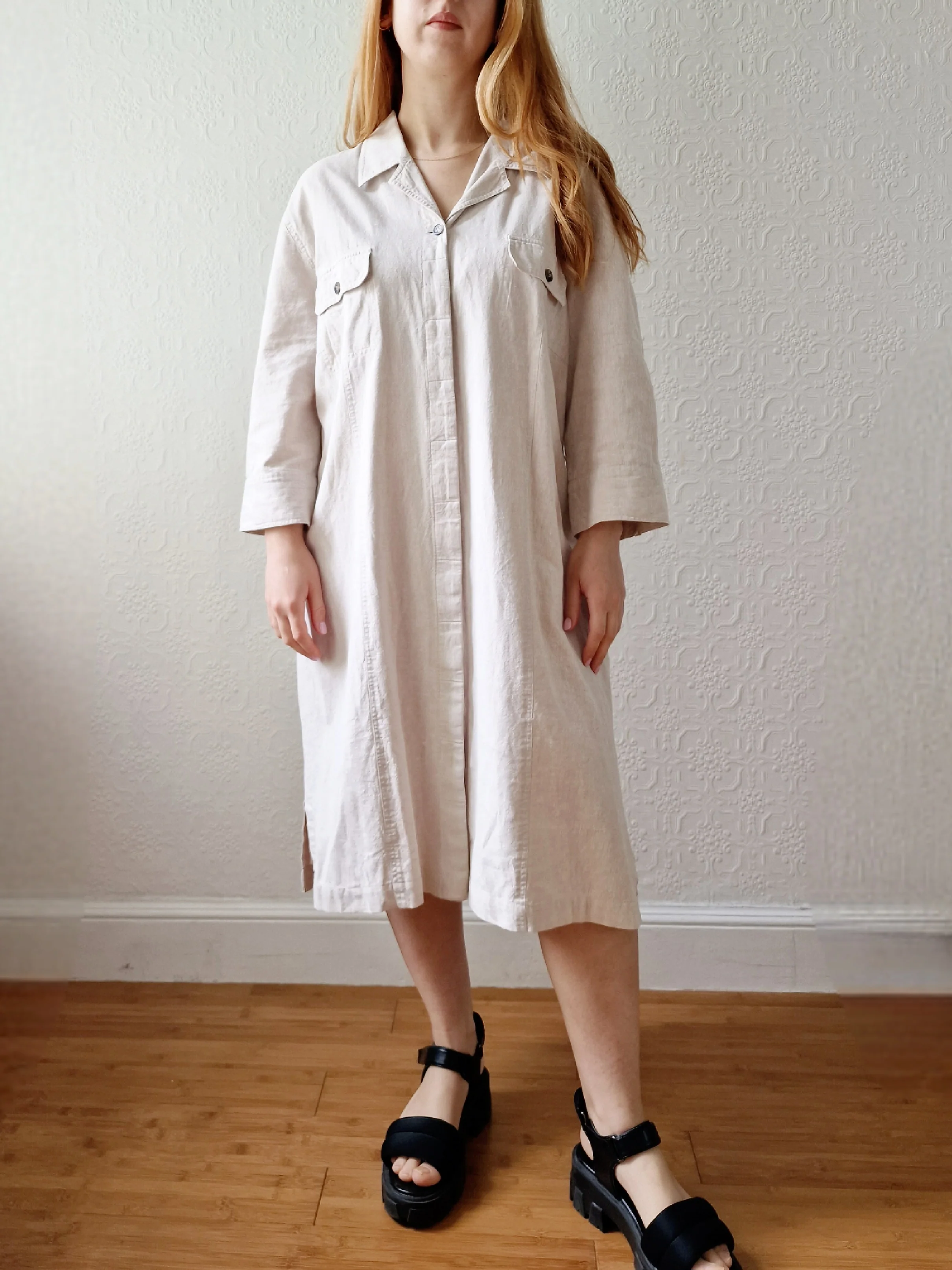 Vintage 90s Safari Style Beige Midi Shirt Dress with Belt - XL - Image 9