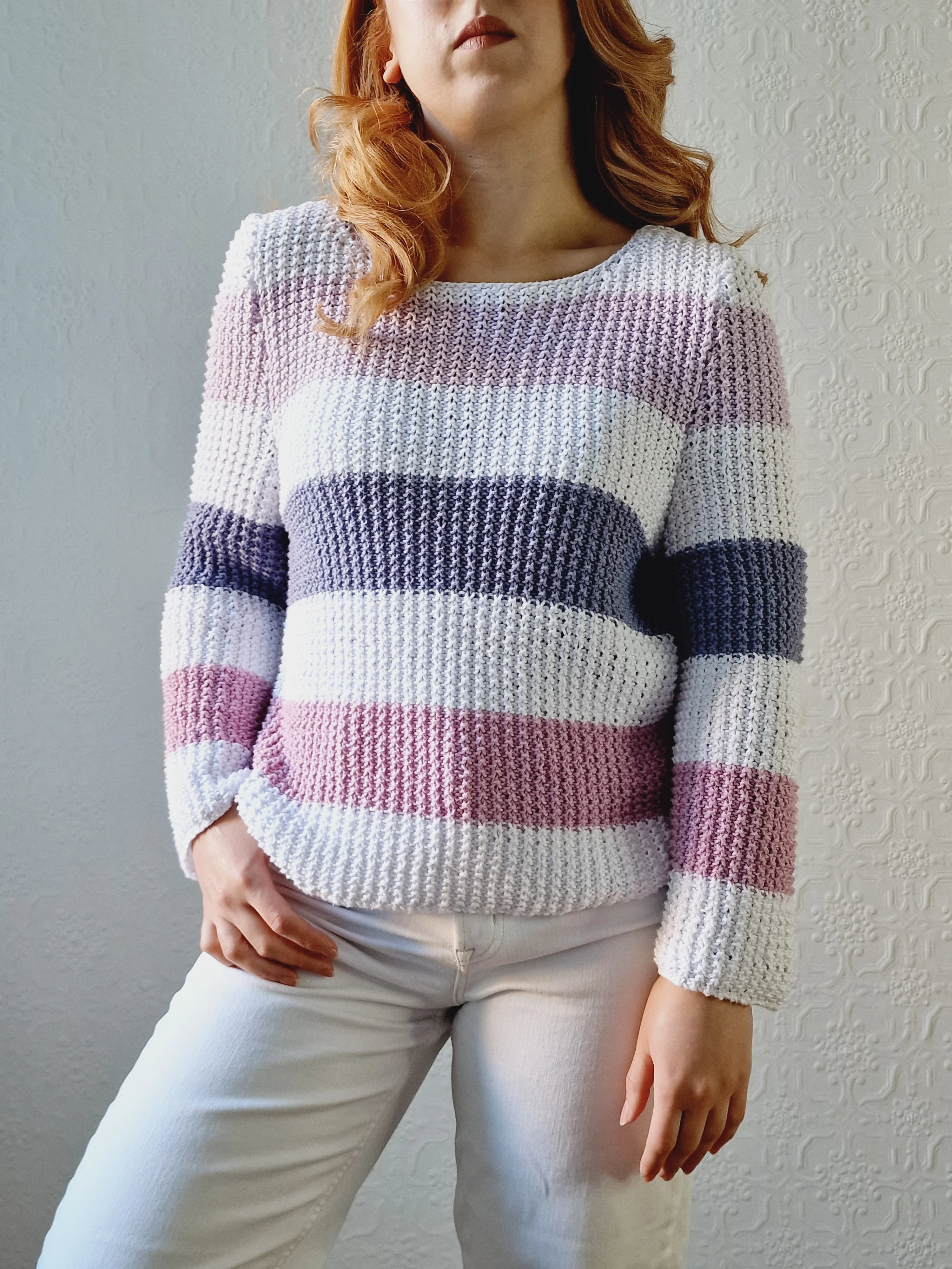 Vintage 90s Striped White & Purple Crochet Jumper with Long Sleeves - M - Image 2