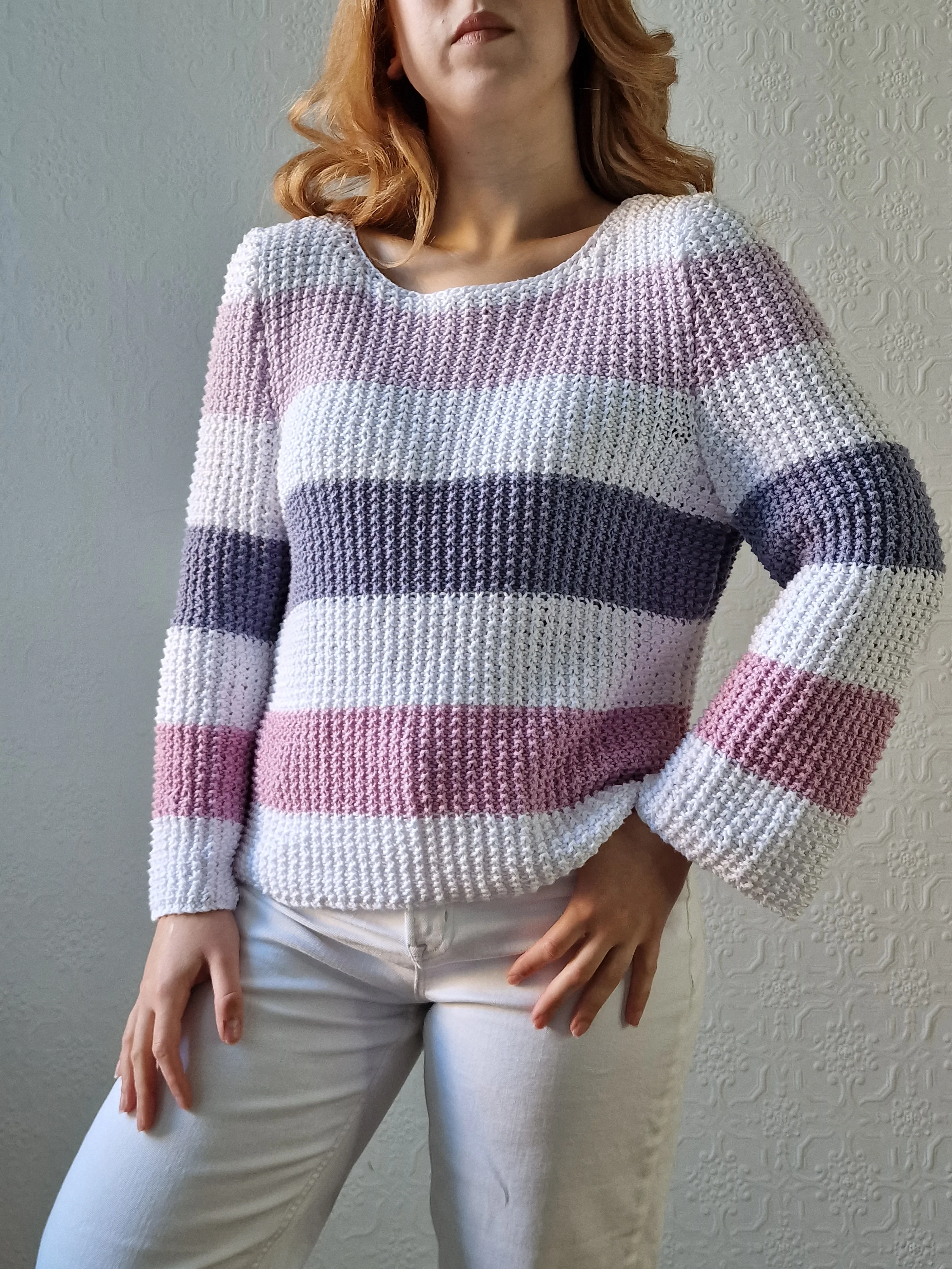 Vintage 90s Striped White & Purple Crochet Jumper with Long Sleeves - M - Image 3