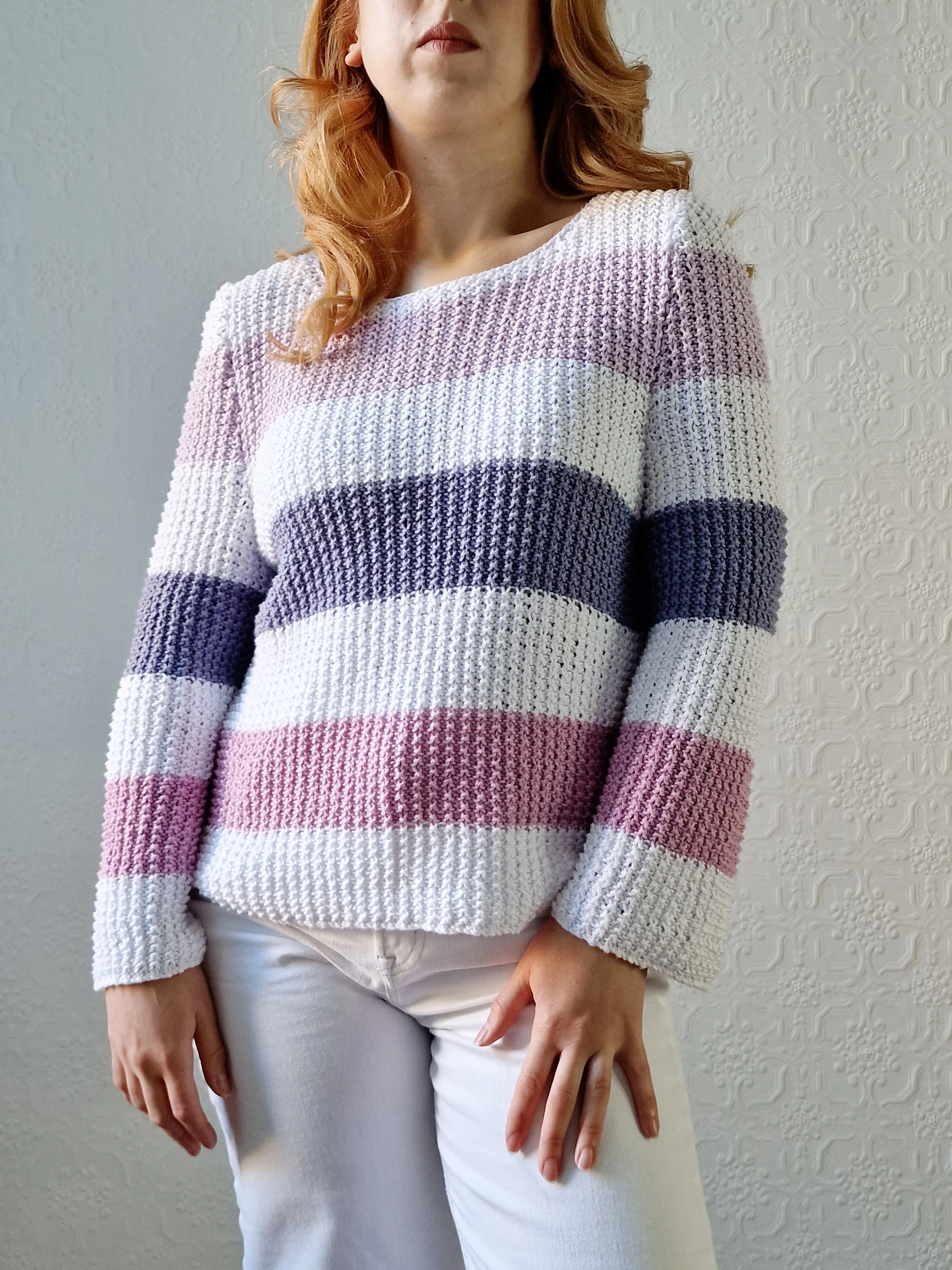 Vintage 90s Striped White & Purple Crochet Jumper with Long Sleeves - M - Image 4