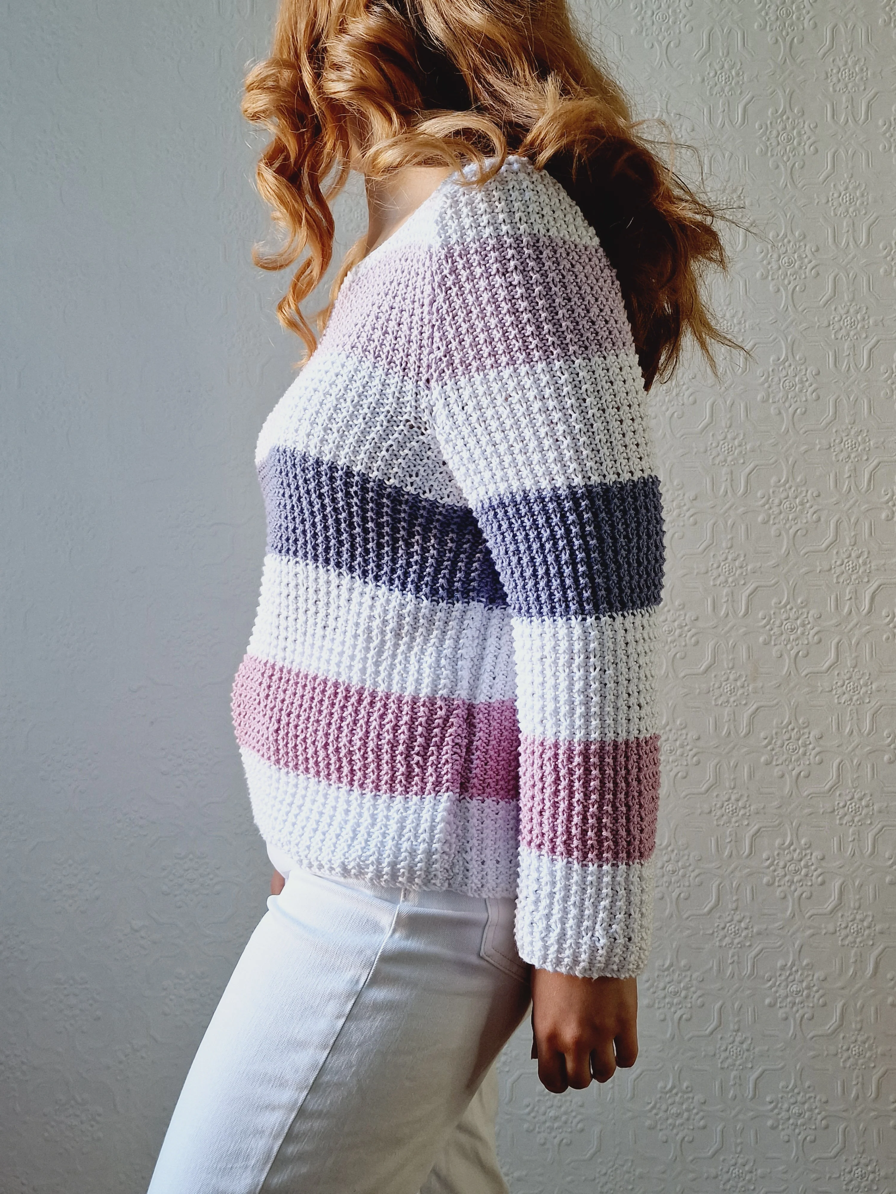 Vintage 90s Striped White & Purple Crochet Jumper with Long Sleeves - M - Image 5