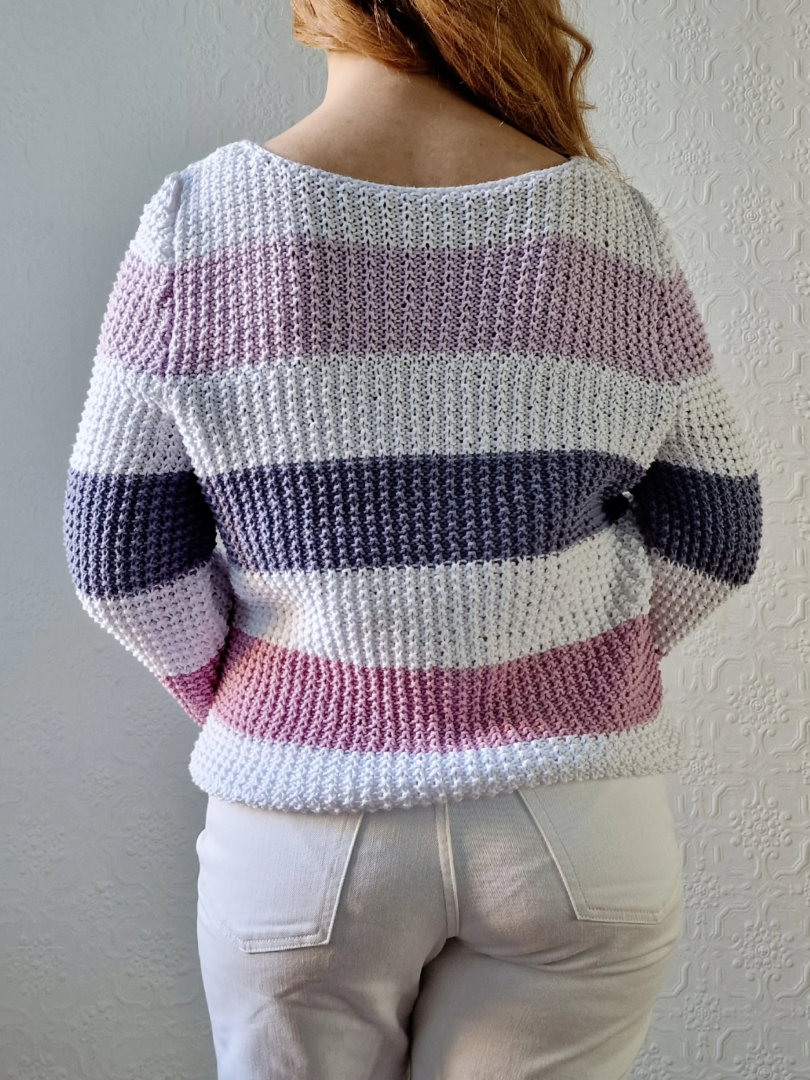 Vintage 90s Striped White & Purple Crochet Jumper with Long Sleeves - M - Image 6
