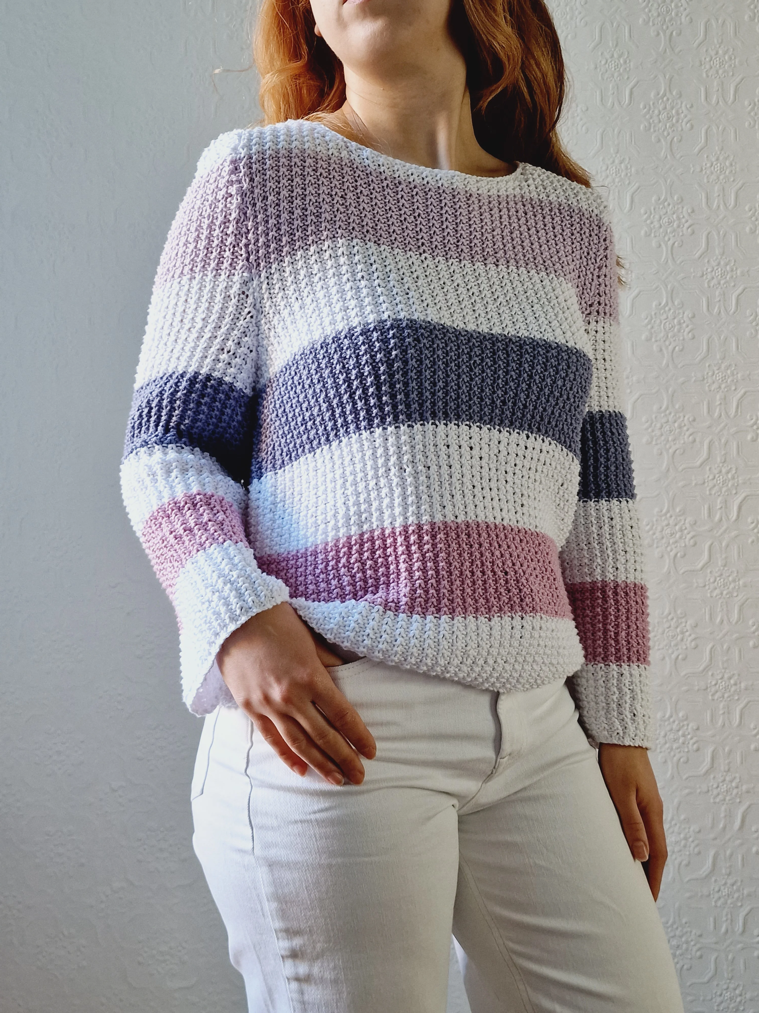 Vintage 90s Striped White & Purple Crochet Jumper with Long Sleeves - M - Image 7