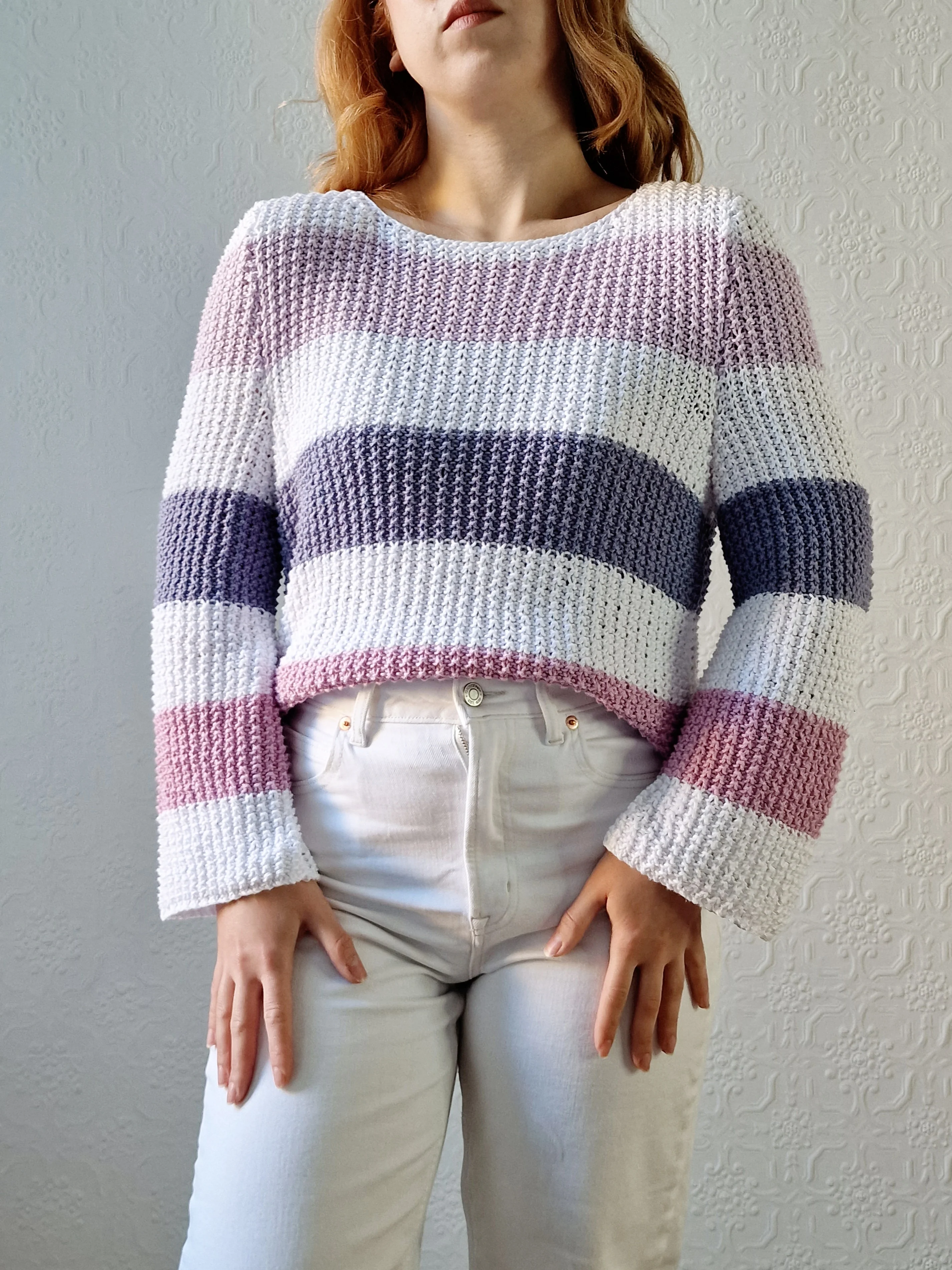 Vintage 90s Striped White & Purple Crochet Jumper with Long Sleeves - M - Image 8