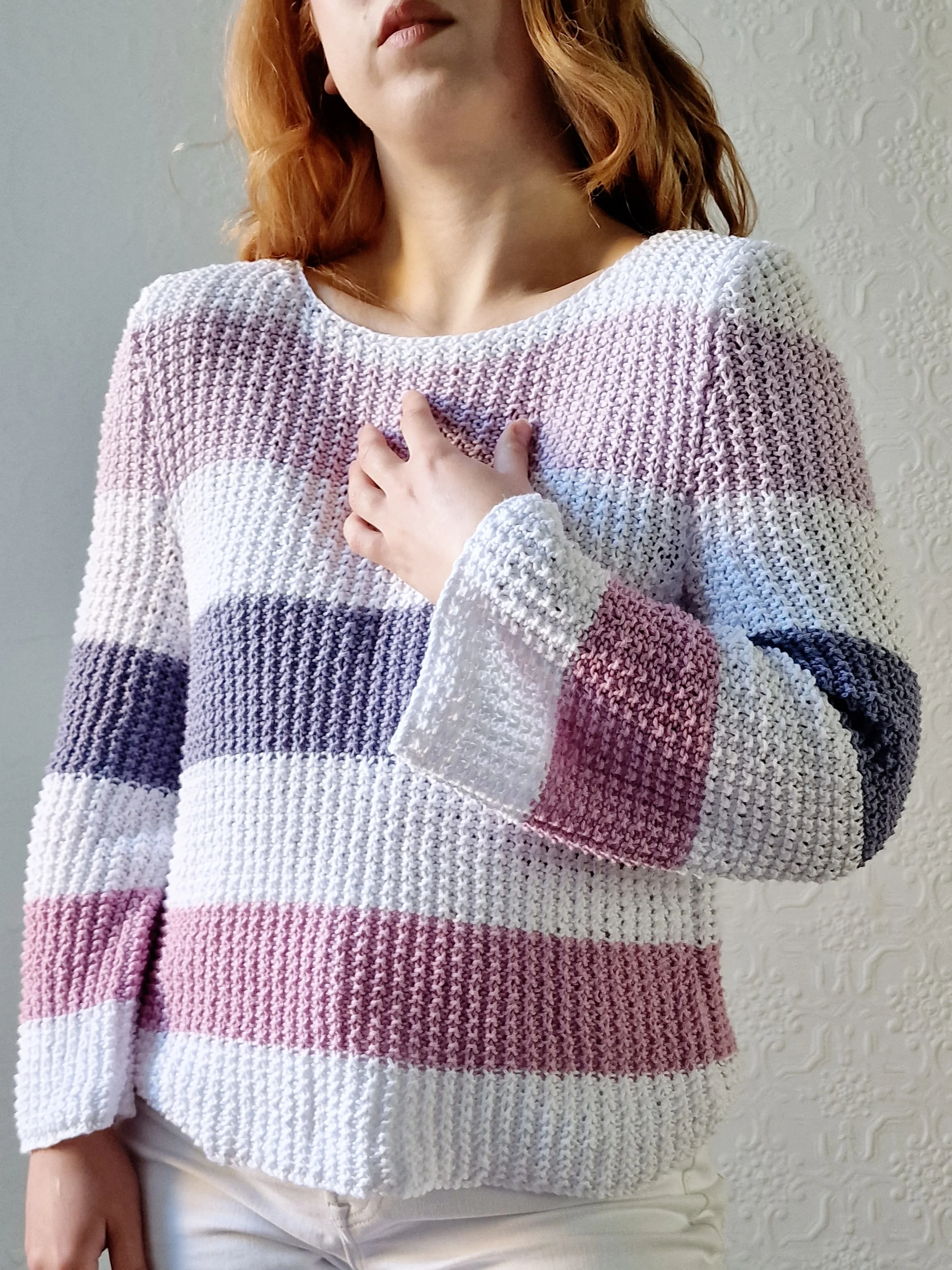 Vintage 90s Striped White & Purple Crochet Jumper with Long Sleeves - M - Image 9