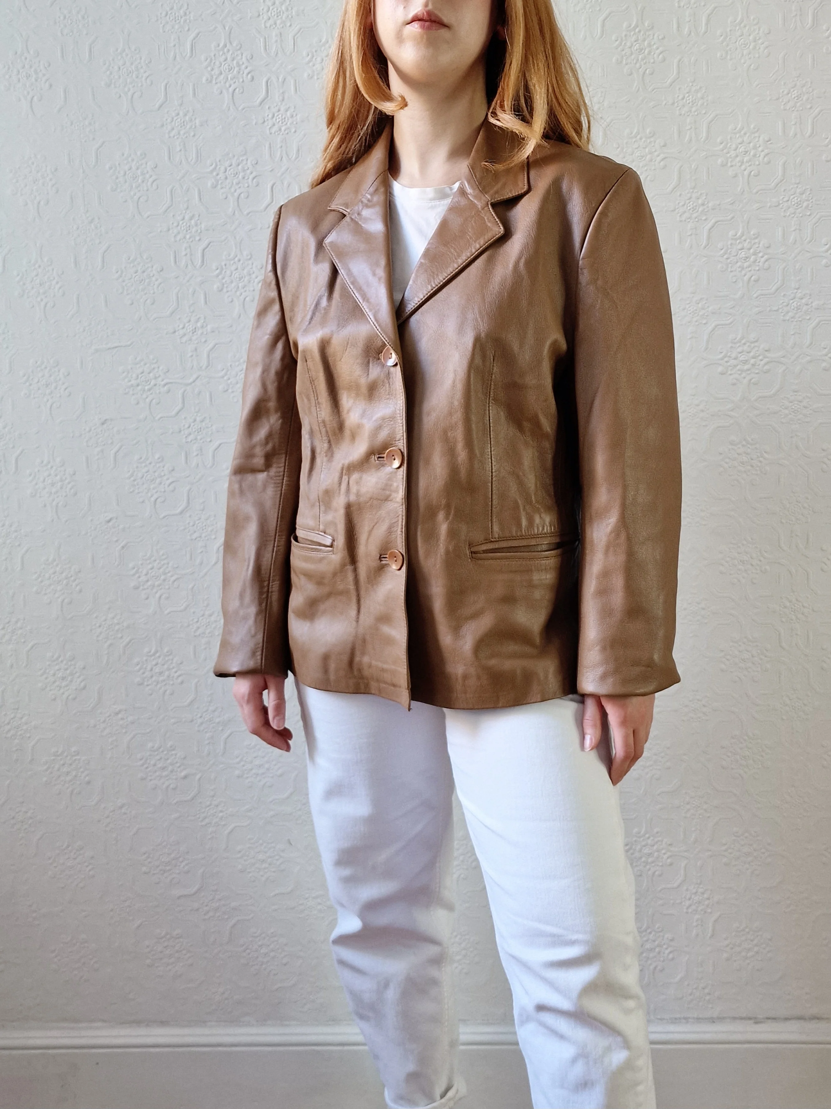 Vintage 90s Tan Brown 100% Genuine Leather Blazer Style Jacket - M