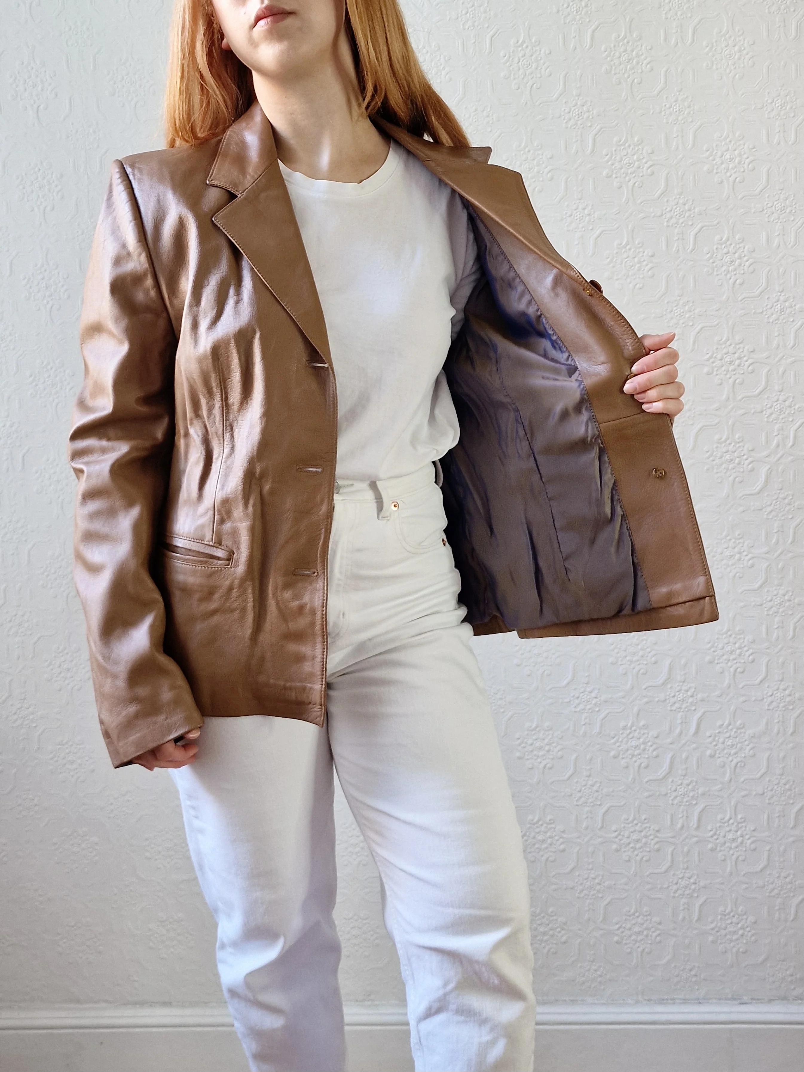 Vintage 90s Tan Brown 100% Genuine Leather Blazer Style Jacket - M - Image 10