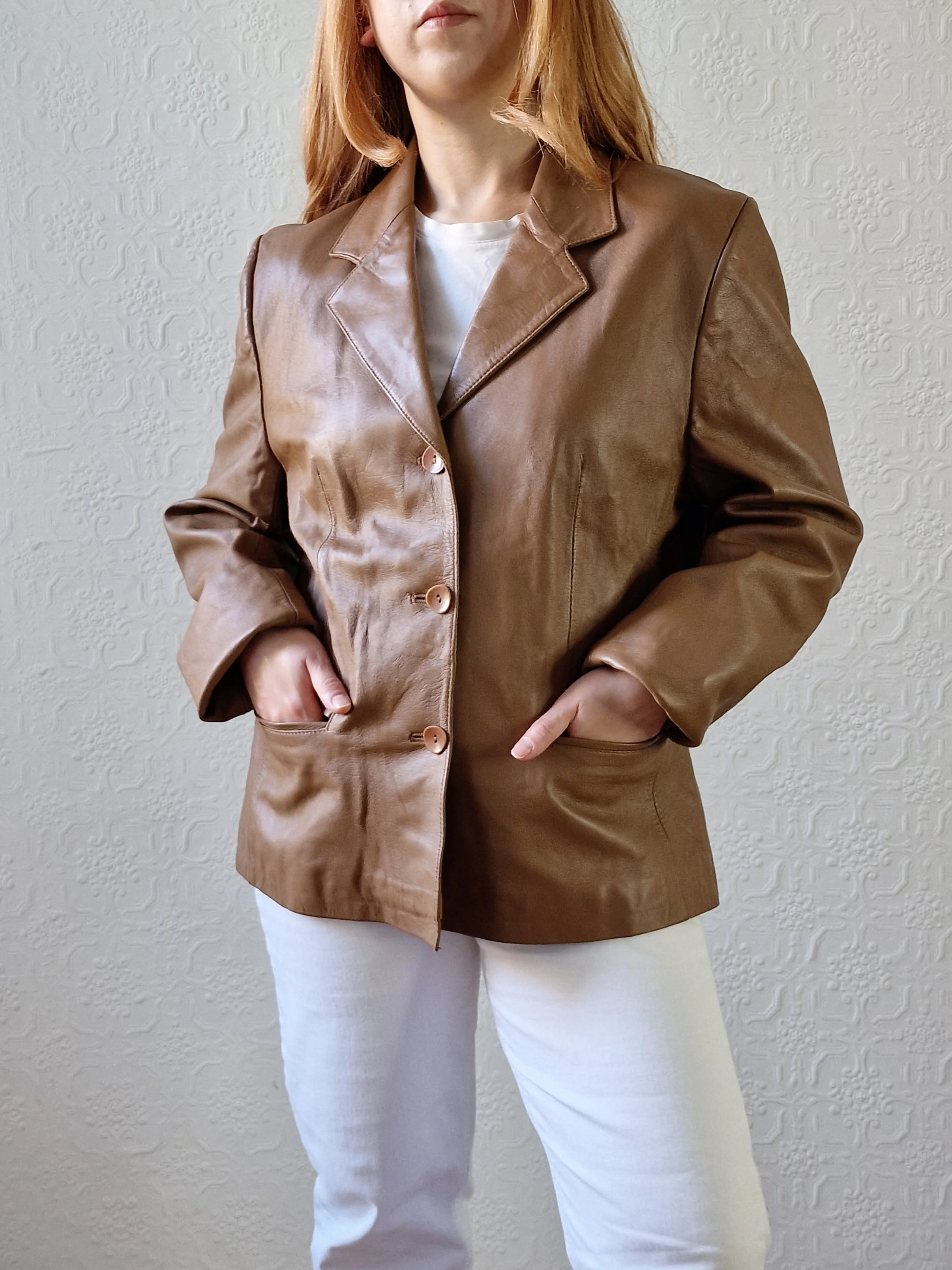 Vintage 90s Tan Brown 100% Genuine Leather Blazer Style Jacket - M - Image 11
