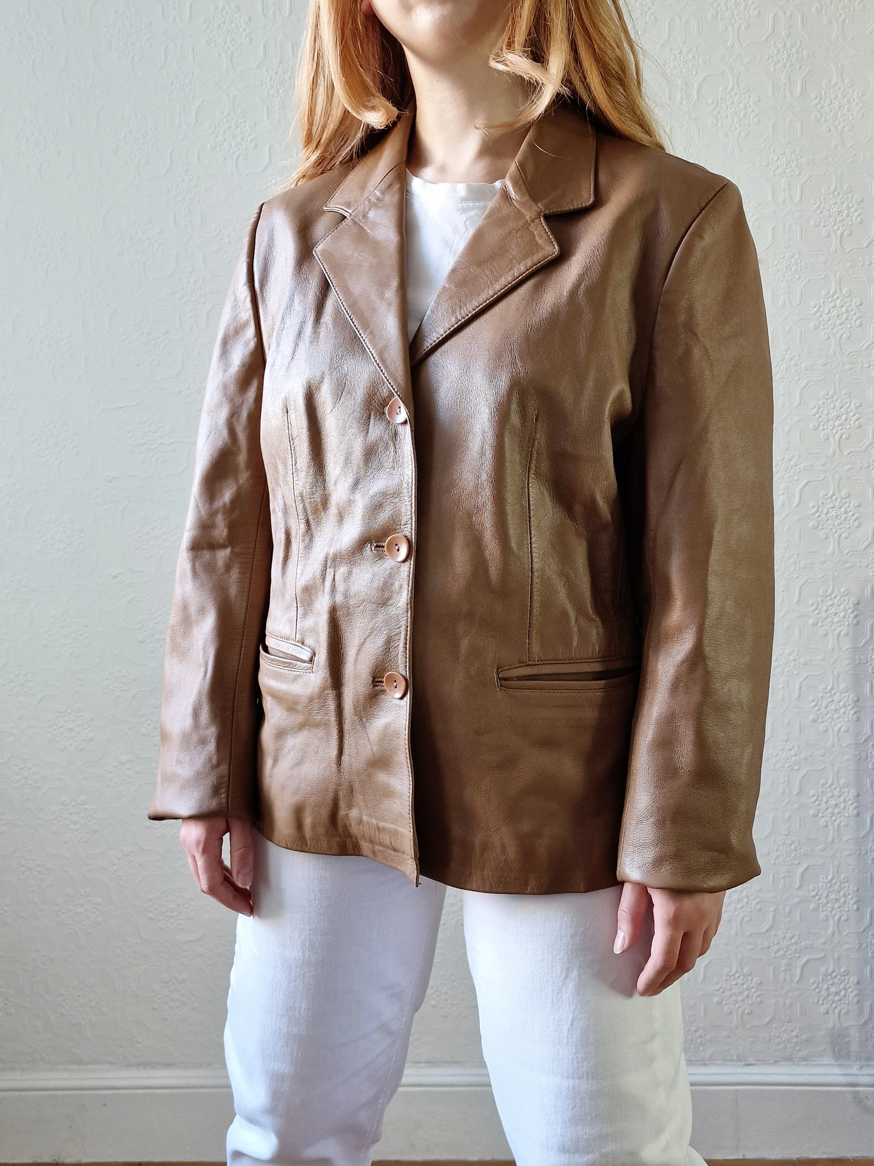 Vintage 90s Tan Brown 100% Genuine Leather Blazer Style Jacket - M - Image 12