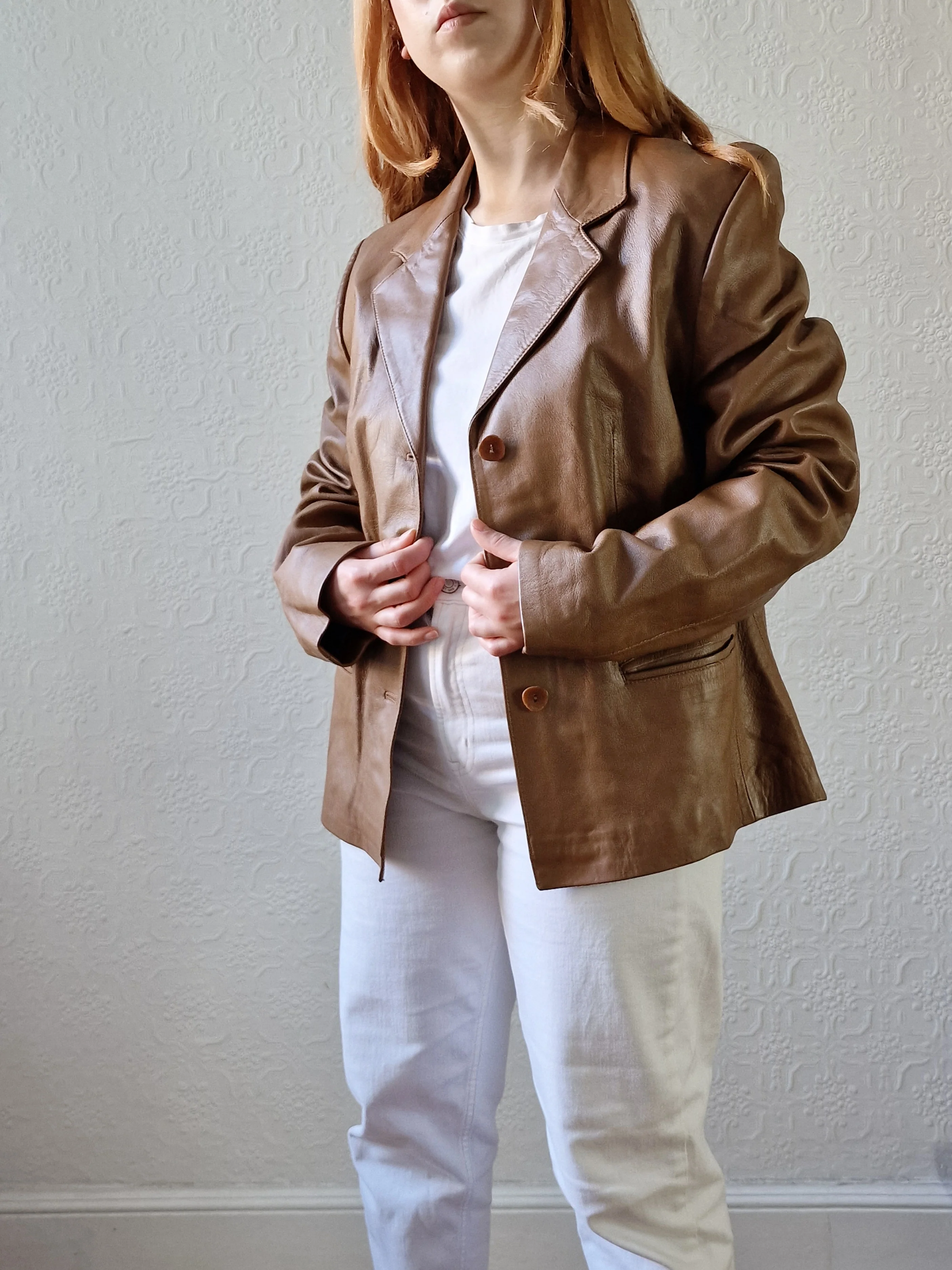 Vintage 90s Tan Brown 100% Genuine Leather Blazer Style Jacket - M - Image 13