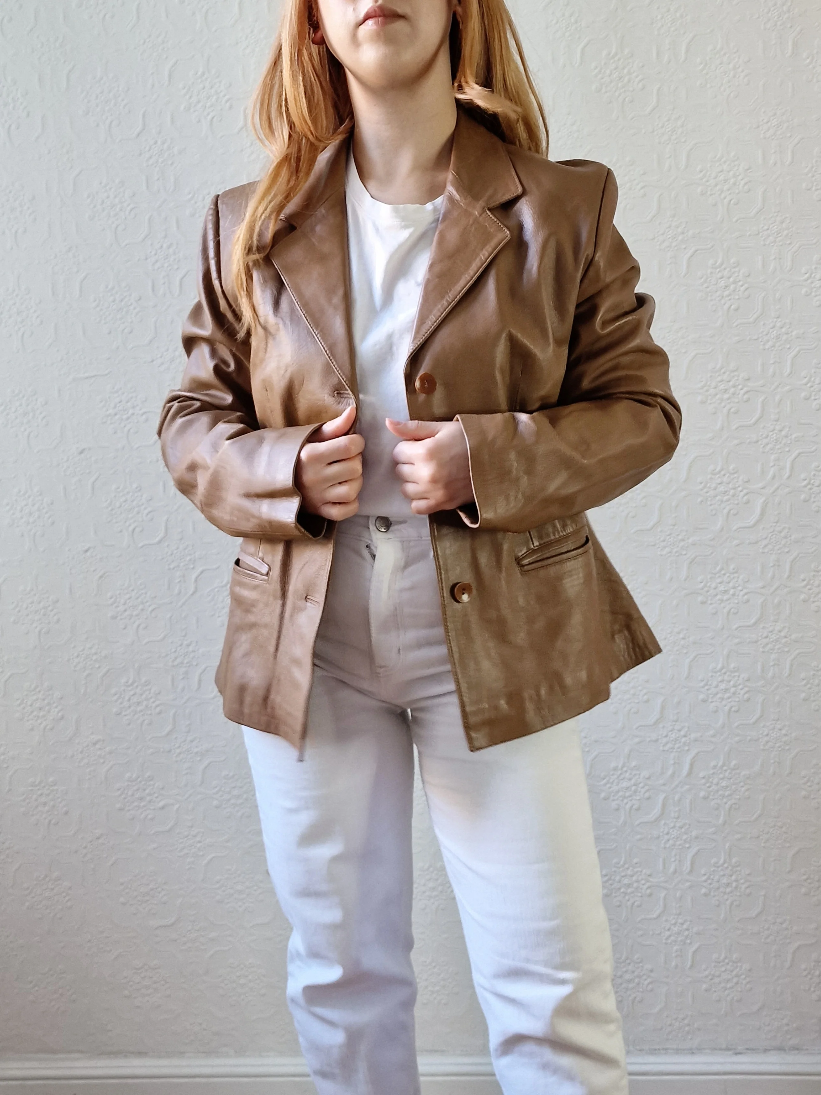 Vintage 90s Tan Brown 100% Genuine Leather Blazer Style Jacket - M - Image 2