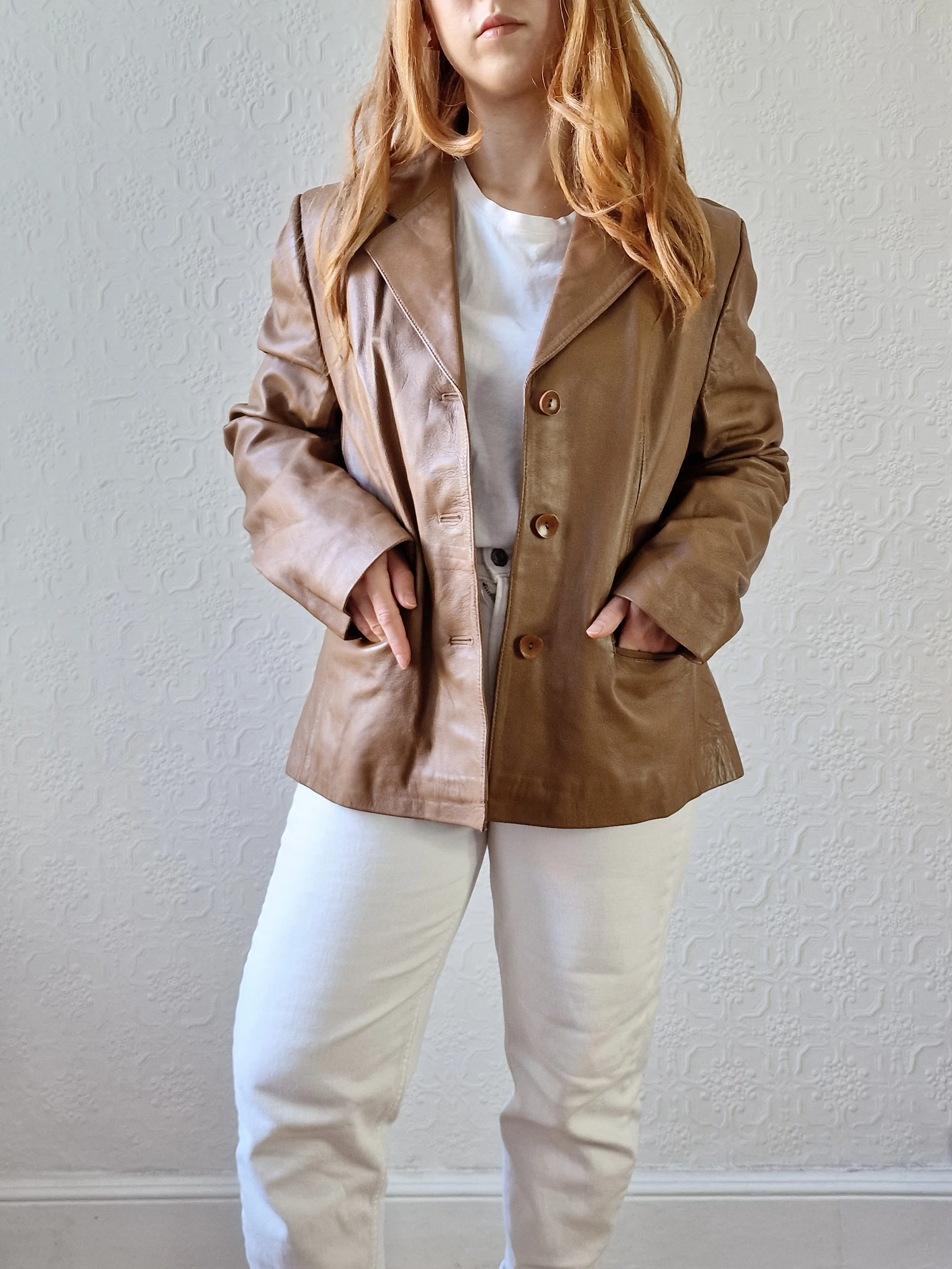 Vintage 90s Tan Brown 100% Genuine Leather Blazer Style Jacket - M - Image 3