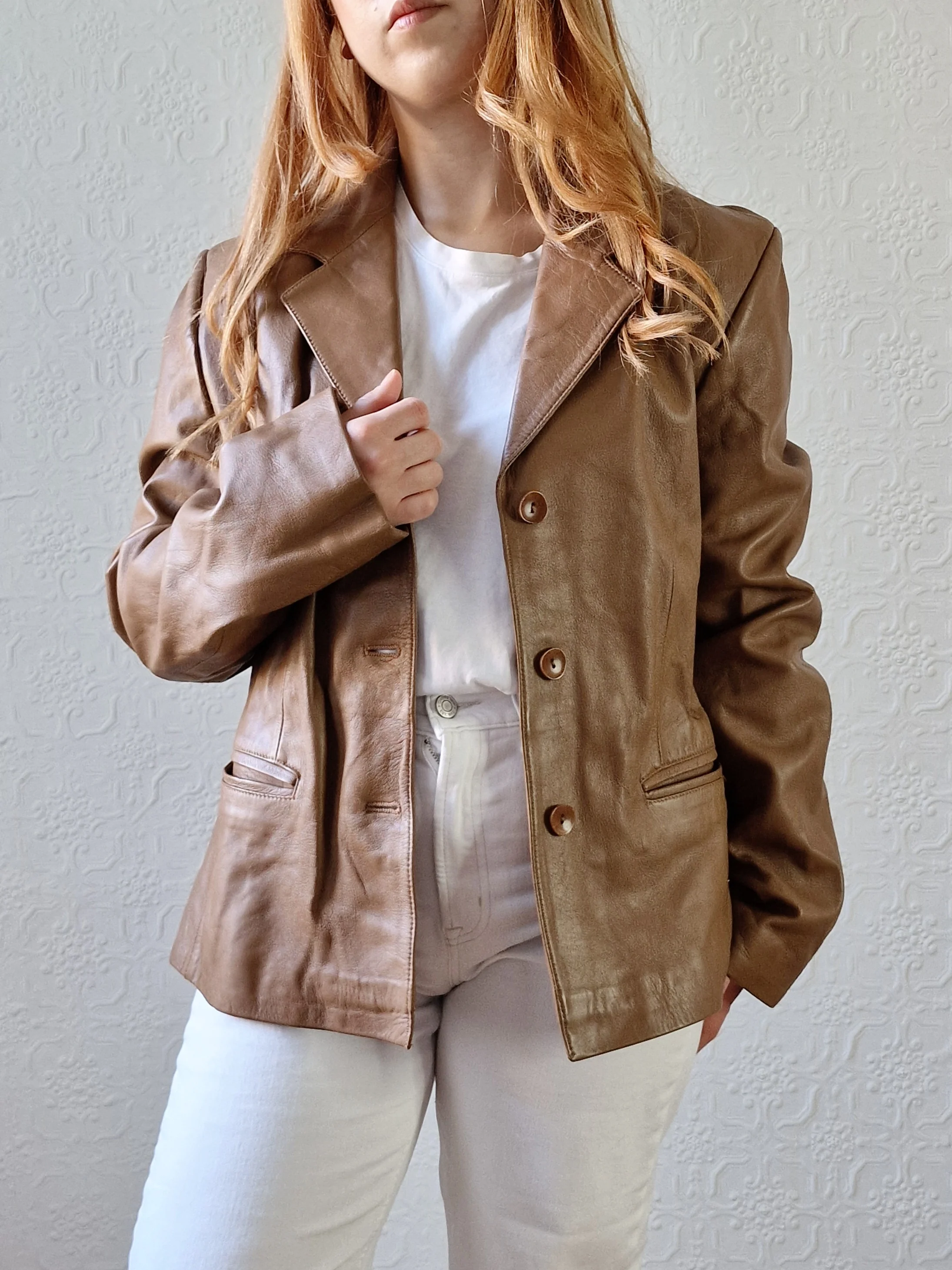 Vintage 90s Tan Brown 100% Genuine Leather Blazer Style Jacket - M - Image 4