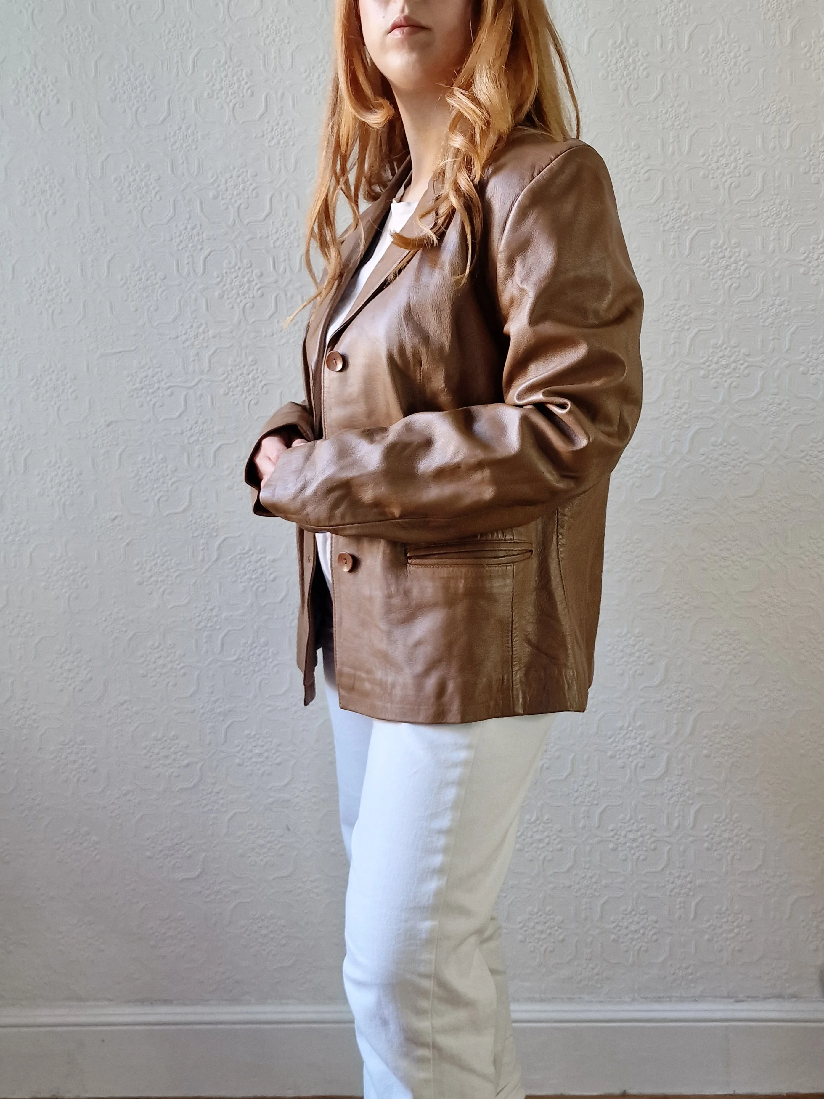 Vintage 90s Tan Brown 100% Genuine Leather Blazer Style Jacket - M - Image 5