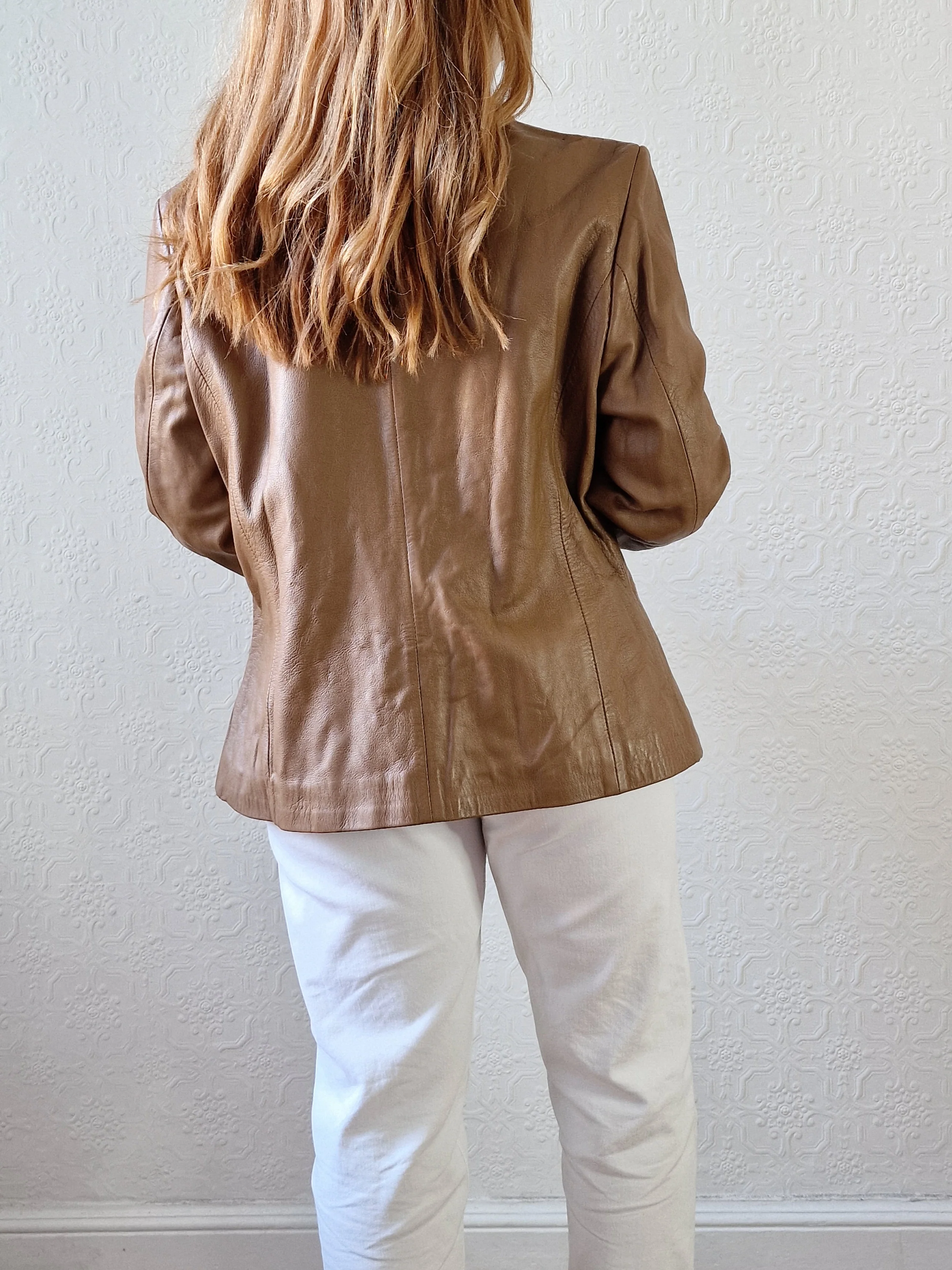 Vintage 90s Tan Brown 100% Genuine Leather Blazer Style Jacket - M - Image 6