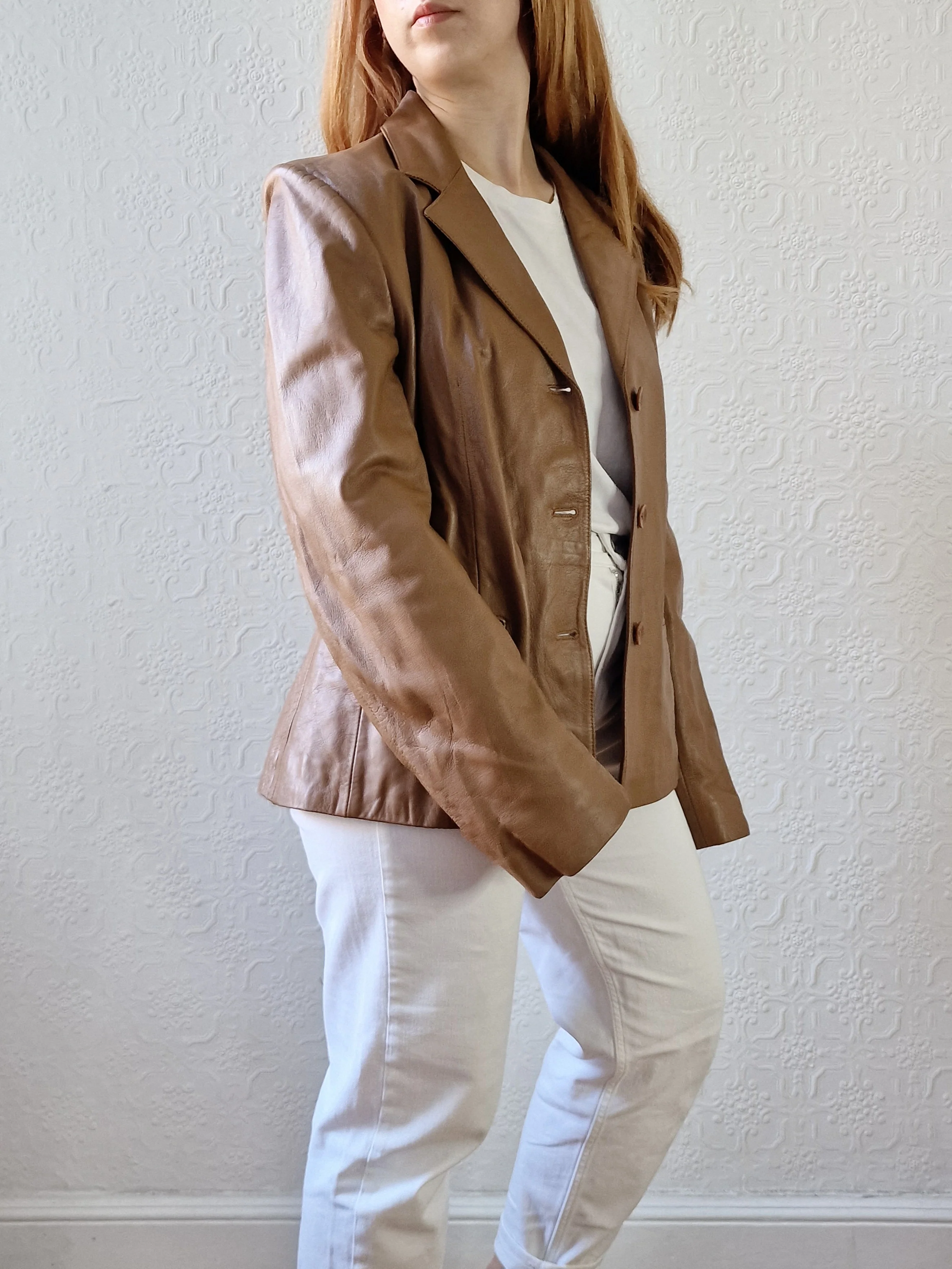 Vintage 90s Tan Brown 100% Genuine Leather Blazer Style Jacket - M - Image 7