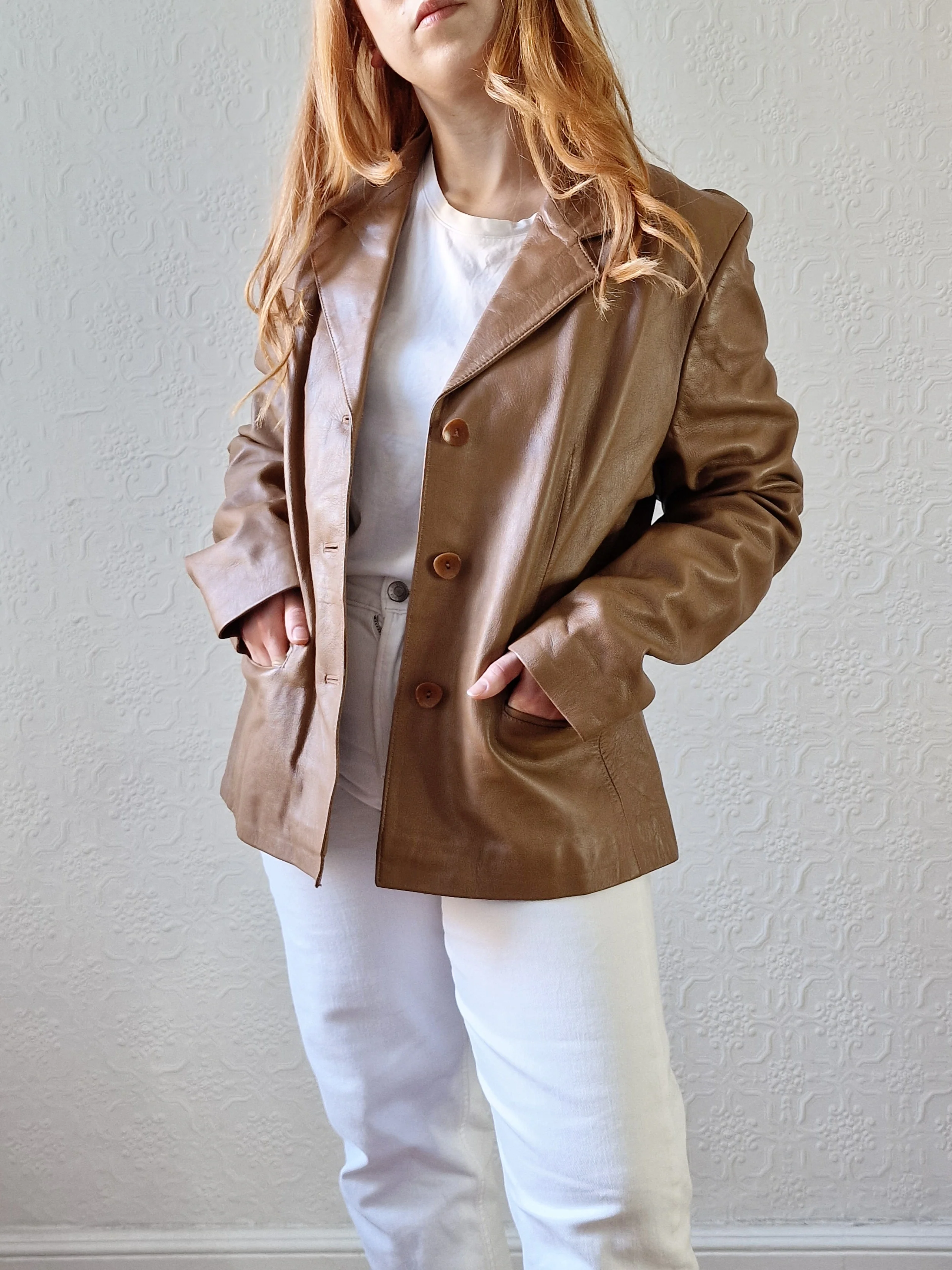 Vintage 90s Tan Brown 100% Genuine Leather Blazer Style Jacket - M - Image 8