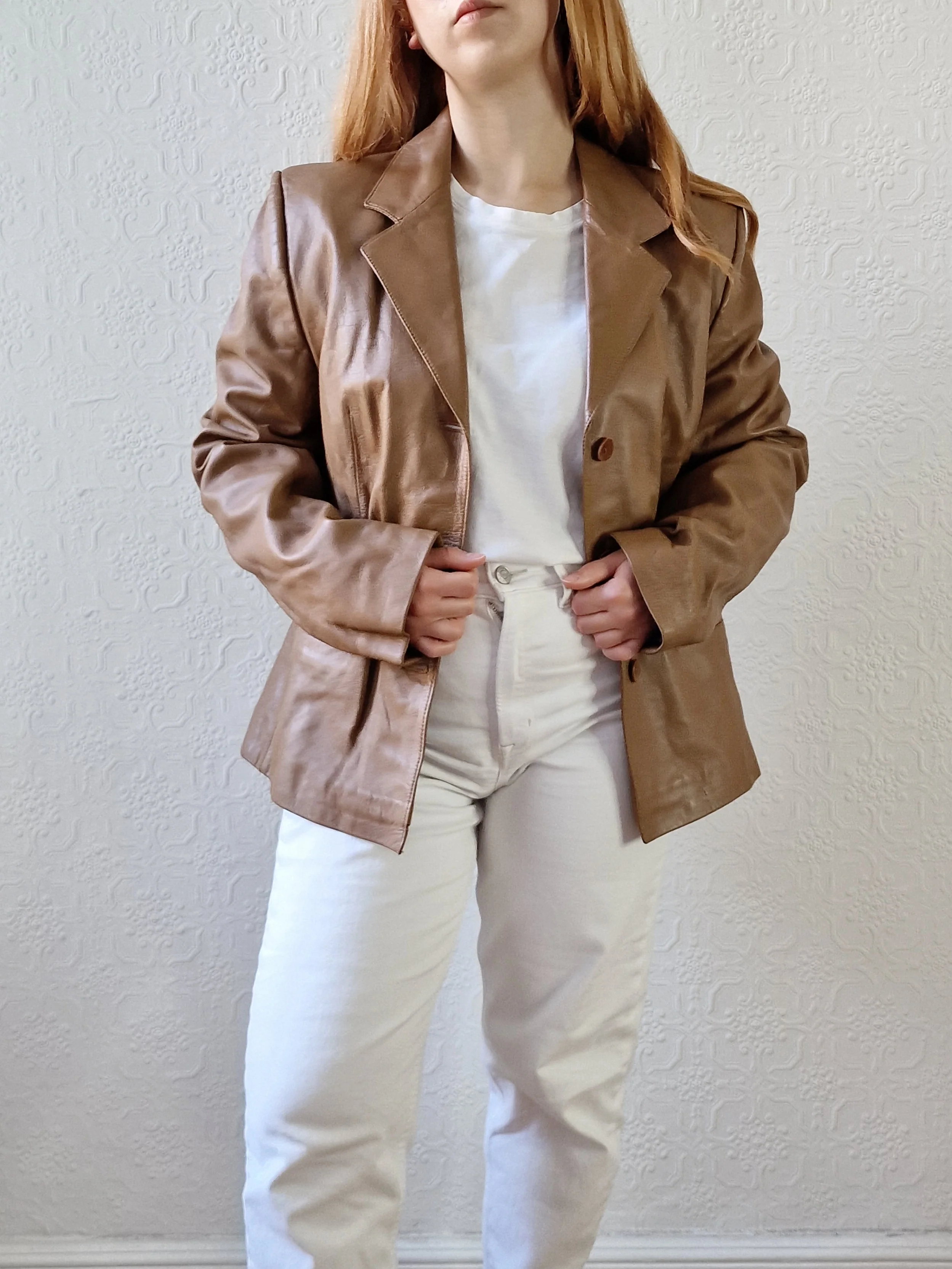 Vintage 90s Tan Brown 100% Genuine Leather Blazer Style Jacket - M - Image 9