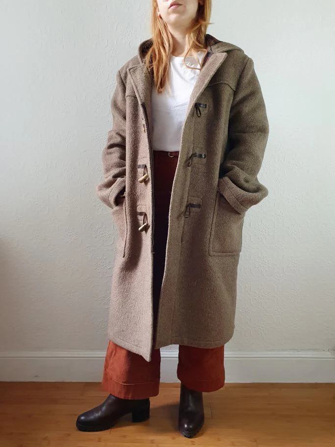 Vintage 90s Taupe Brown Heavy Wool Duffle Coat with Hood - L