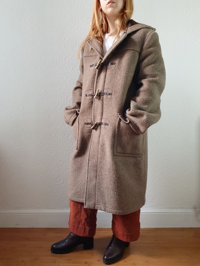 Vintage 90s Taupe Brown Heavy Wool Duffle Coat with Hood - L - Image 10