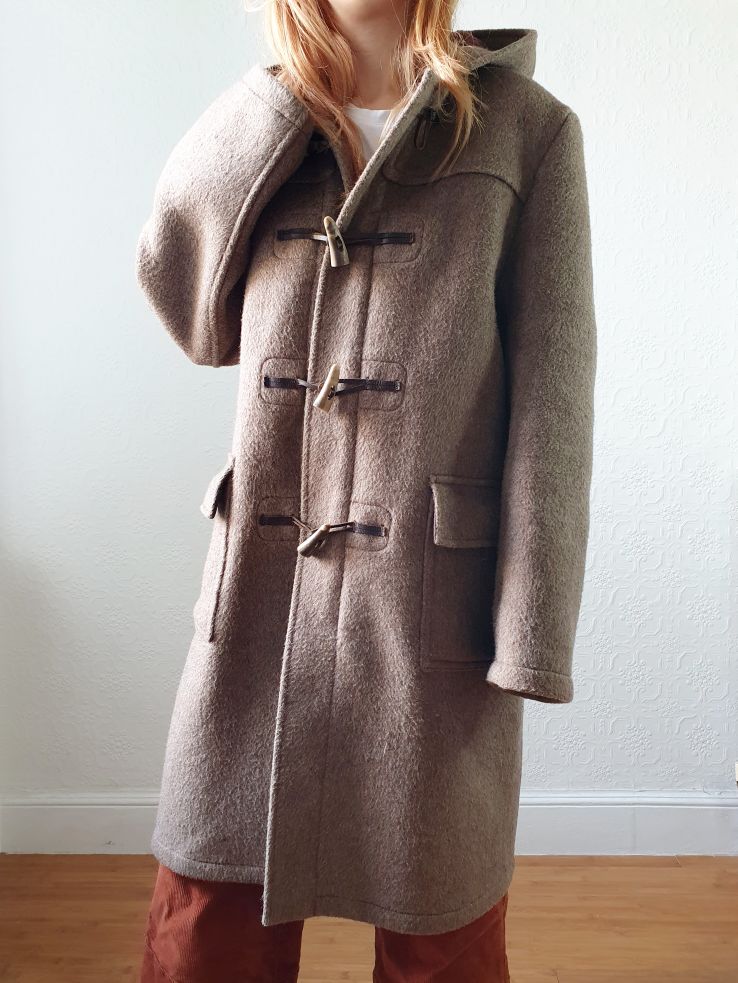Vintage 90s Taupe Brown Heavy Wool Duffle Coat with Hood - L - Image 13