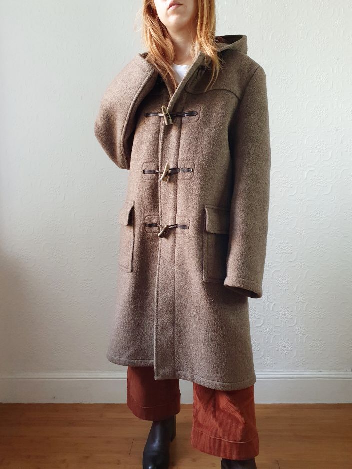 Vintage 90s Taupe Brown Heavy Wool Duffle Coat with Hood - L - Image 14