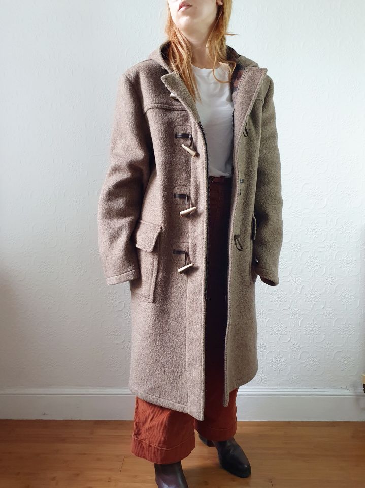 Vintage 90s Taupe Brown Heavy Wool Duffle Coat with Hood - L - Image 2